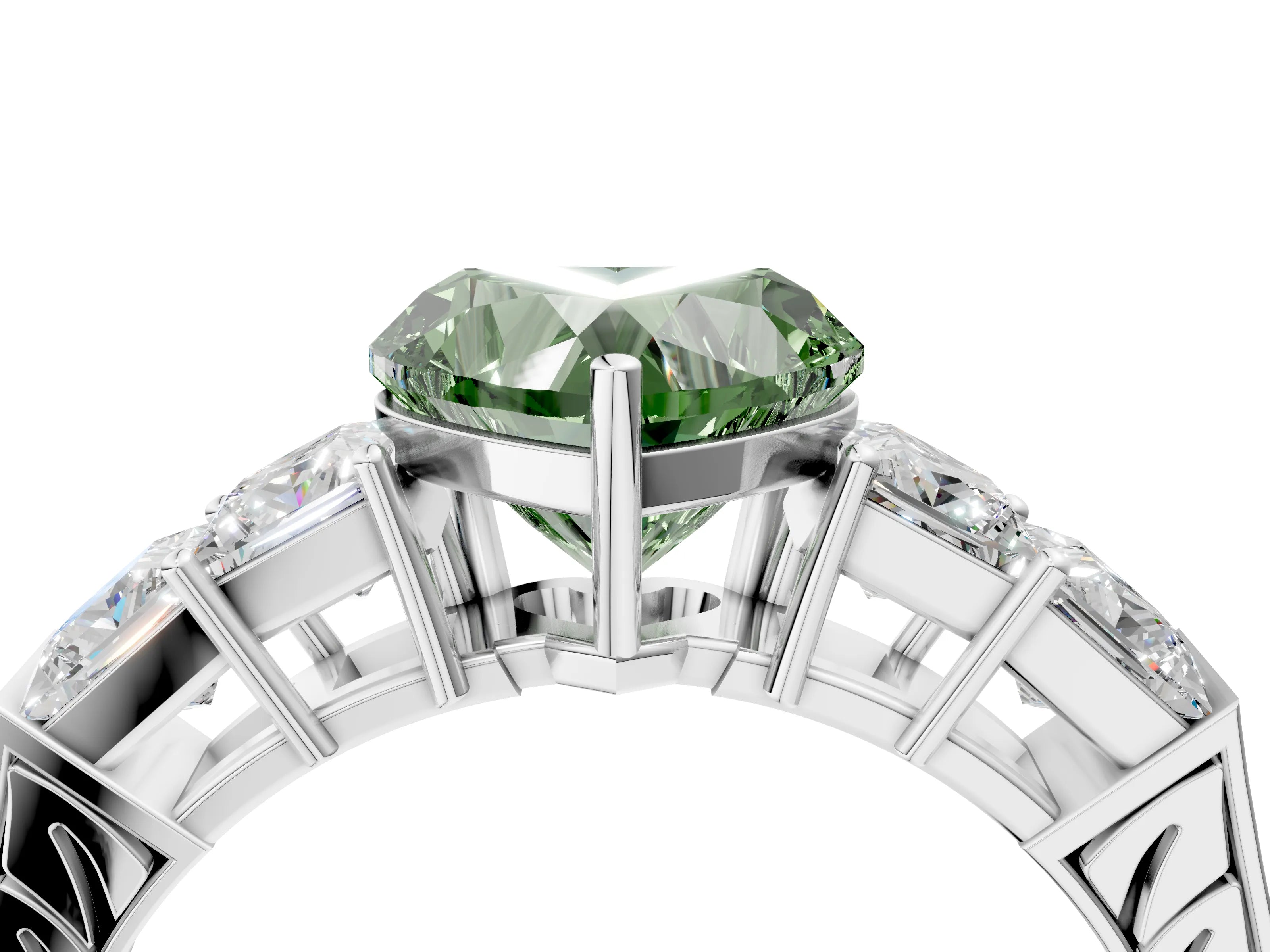 White gold Fancy Green Heart Cut Solitaire Princess Side Stone Engraved Band Prong Setting Ring_16