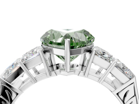 White gold Fancy Green Heart Cut Solitaire Princess Side Stone Engraved Band Prong Setting Ring_16