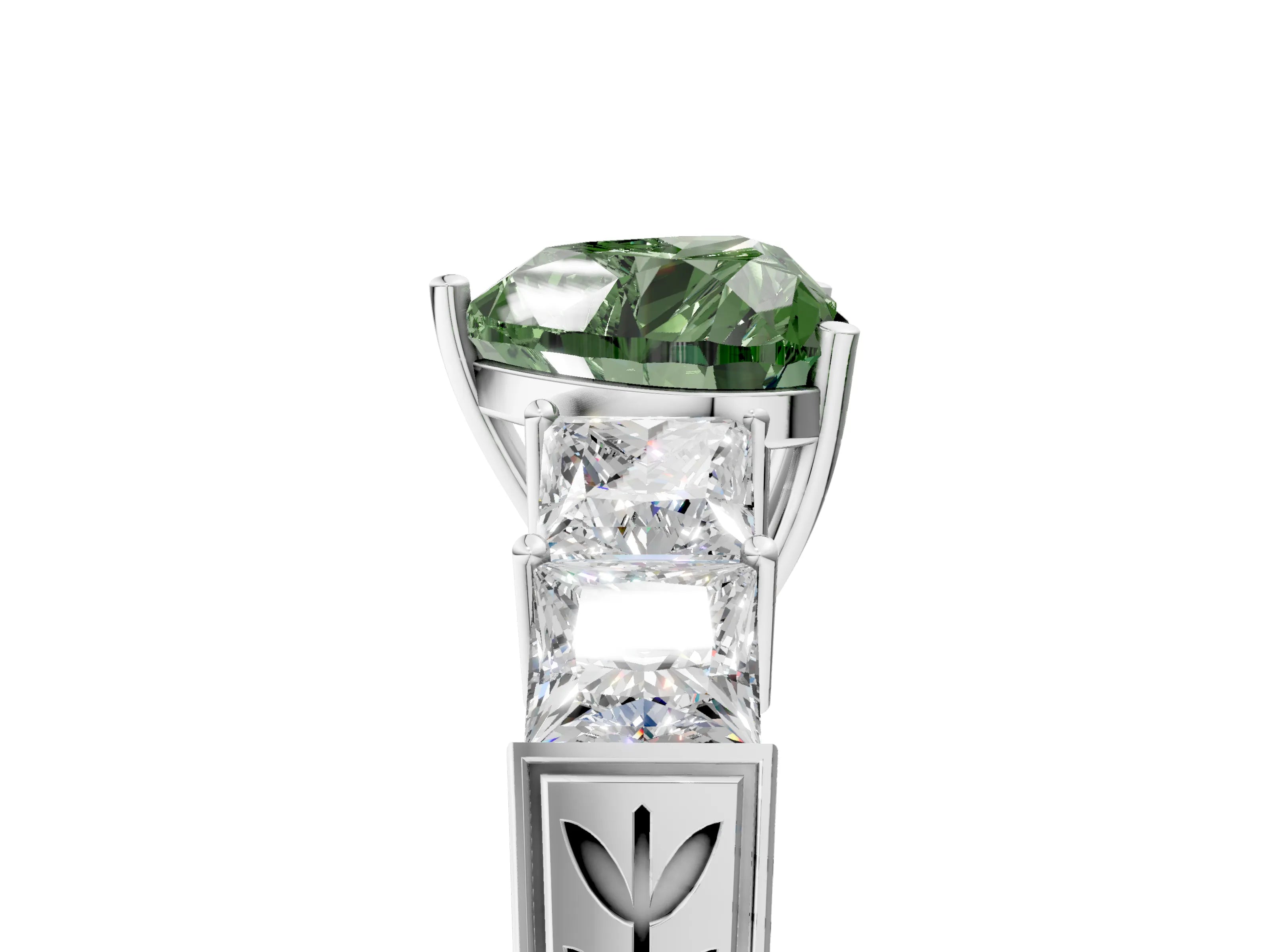 White gold Fancy Green Heart Cut Solitaire Princess Side Stone Engraved Band Prong Setting Ring_17