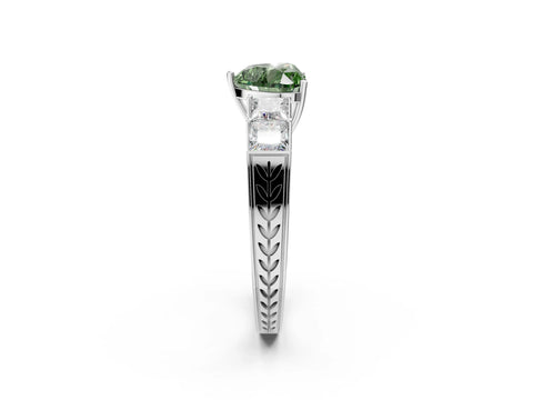White gold Fancy Green Heart Cut Solitaire Princess Side Stone Engraved Band Prong Setting Ring_2