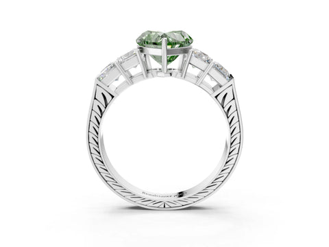 White gold Fancy Green Heart Cut Solitaire Princess Side Stone Engraved Band Prong Setting Ring_3