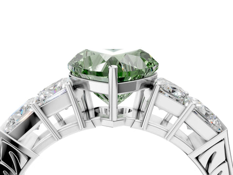 White gold Fancy Green Heart Cut Solitaire Princess Side Stone Engraved Band Prong Setting Ring_4