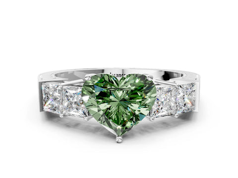 White gold Fancy Green Heart Cut Solitaire Princess Side Stone Engraved Band Prong Setting Ring