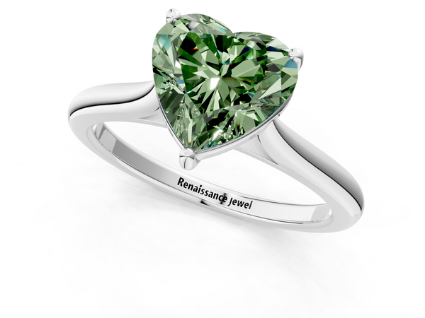 White gold Fancy Green Heart  Cut Solitaire Ring with Cathedral Band and Four-Prong Setting