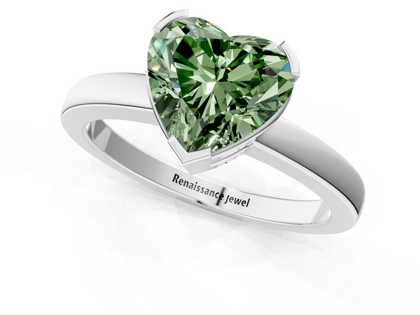 Platinum Fancy Green Heart  Cut Solitaire Ring with Four-Prong Setting and Classic Band