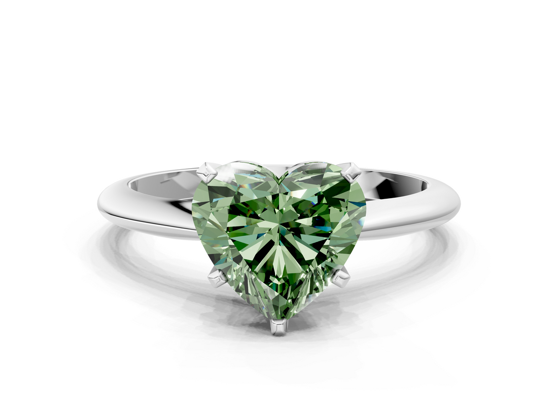 White gold Fancy Green Heart  Cut Solitaire Ring with Four-Prong Setting on a Classic Band