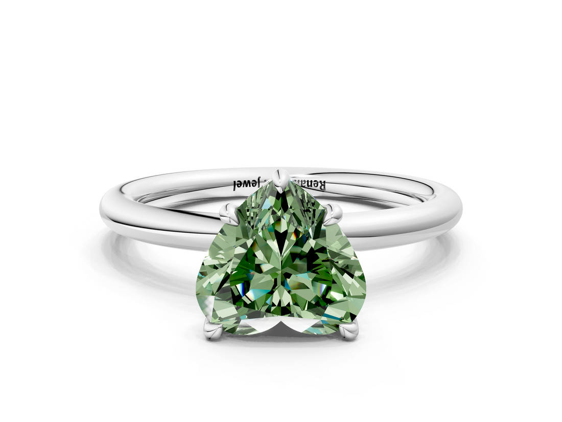 White gold Fancy Green Heart  Cut Solitaire Ring with Thin Band and Four-Prong Setting