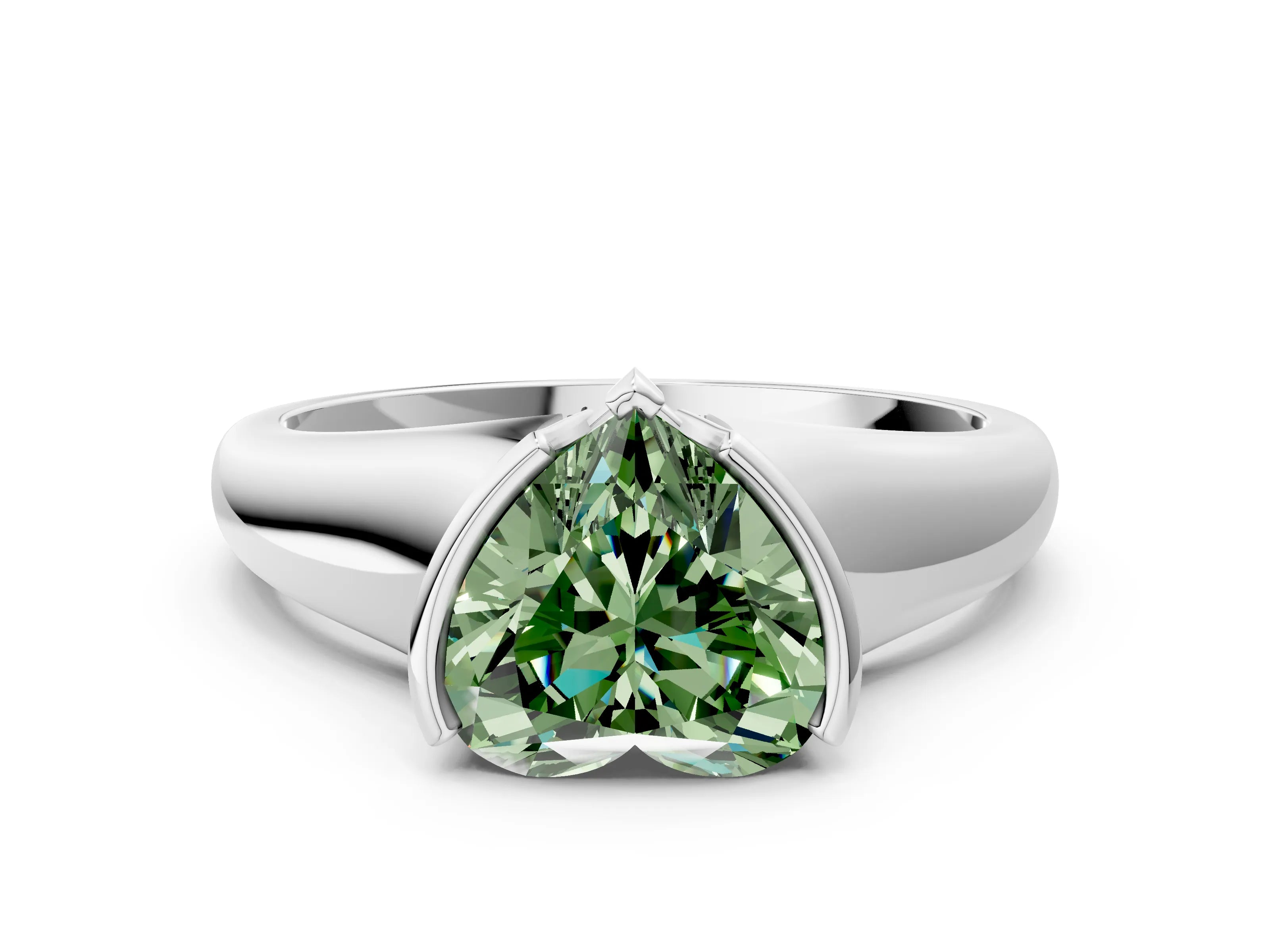 White gold Fancy Green Heart Cut Solitaire Tension Set Diamond Ring with Split Shank Band