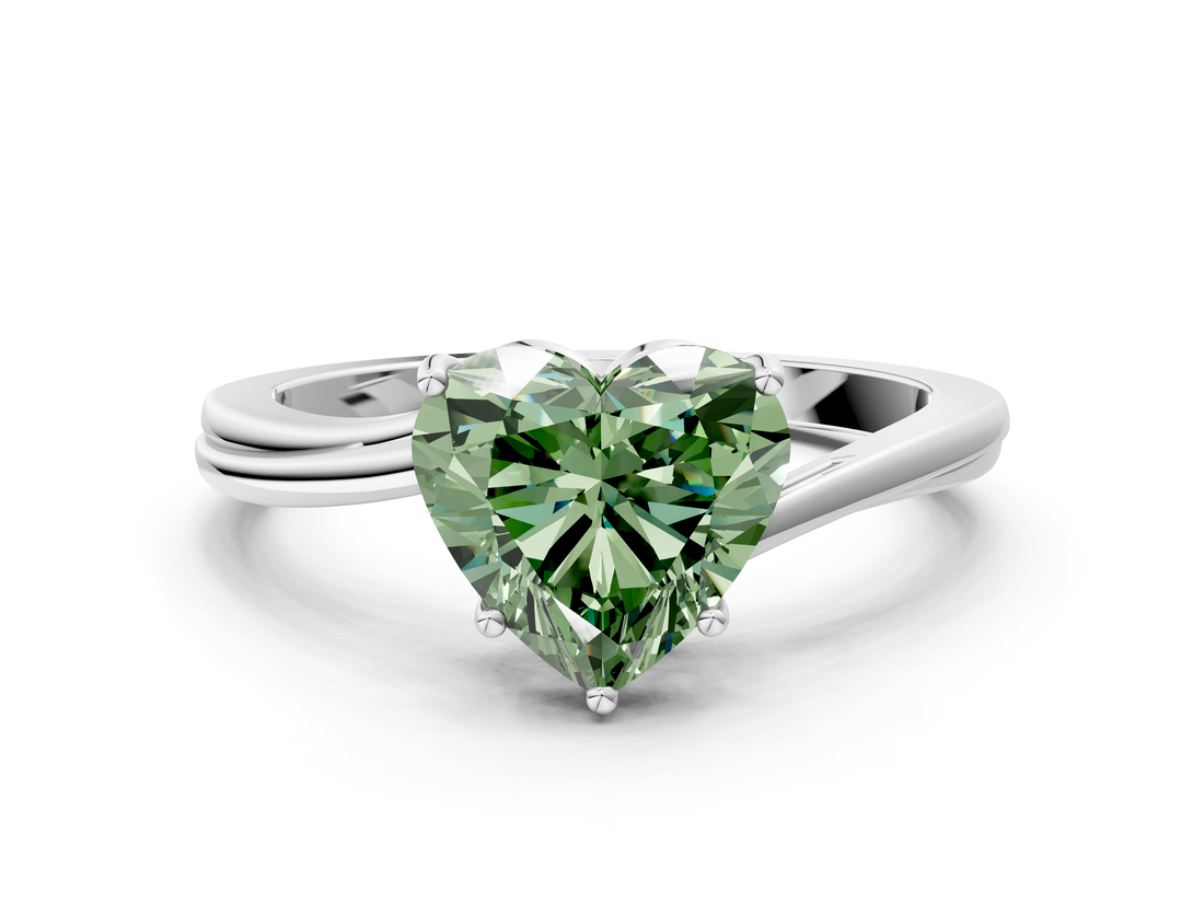 White gold Fancy Green Heart  Cut Solitaire Twist Band Ring with Four-Prong Setting