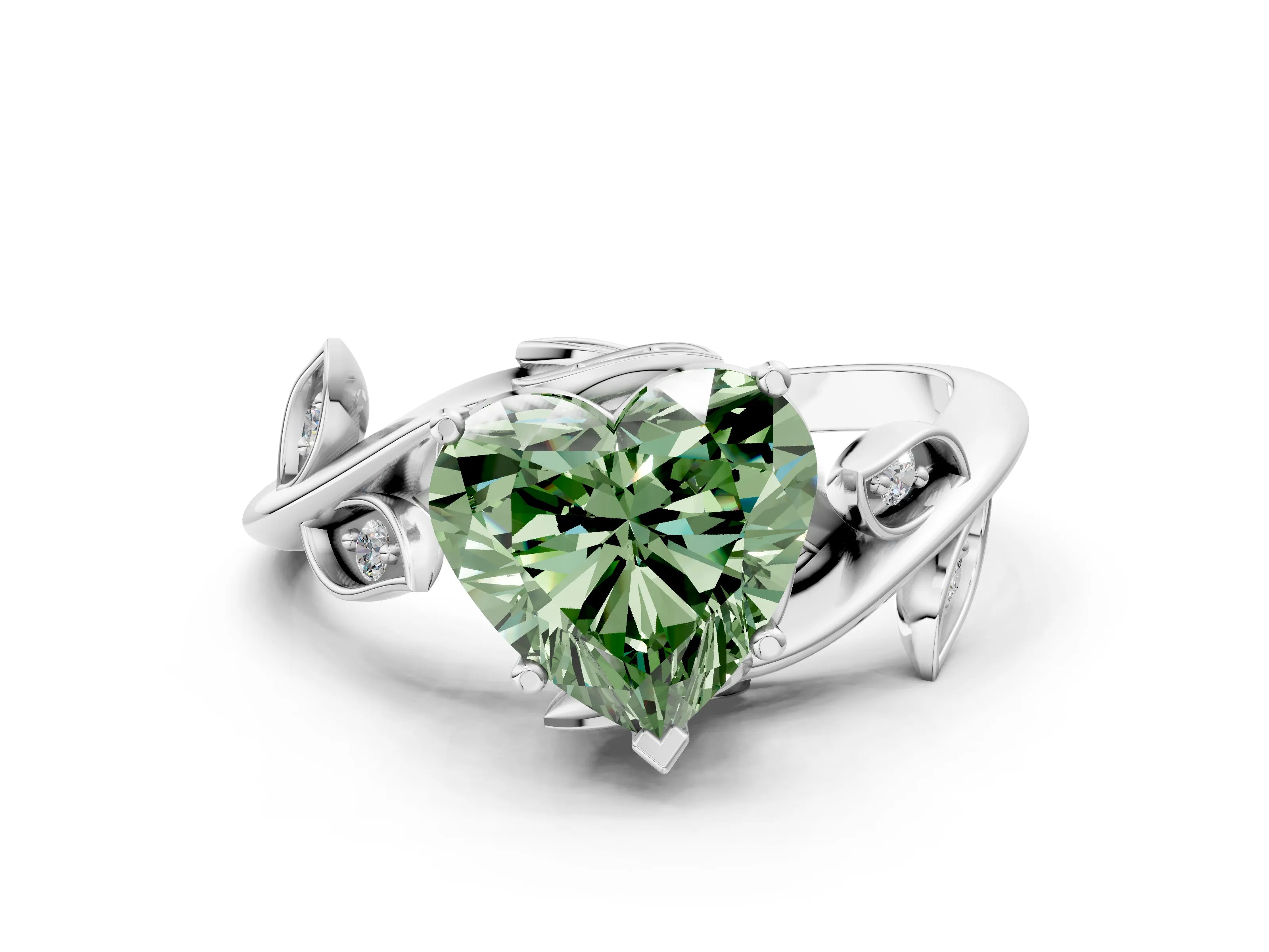 White gold Fancy Green Heart Cut Solitaire Twist Engagement Ring with Leaf Accents and Prong Setting_12