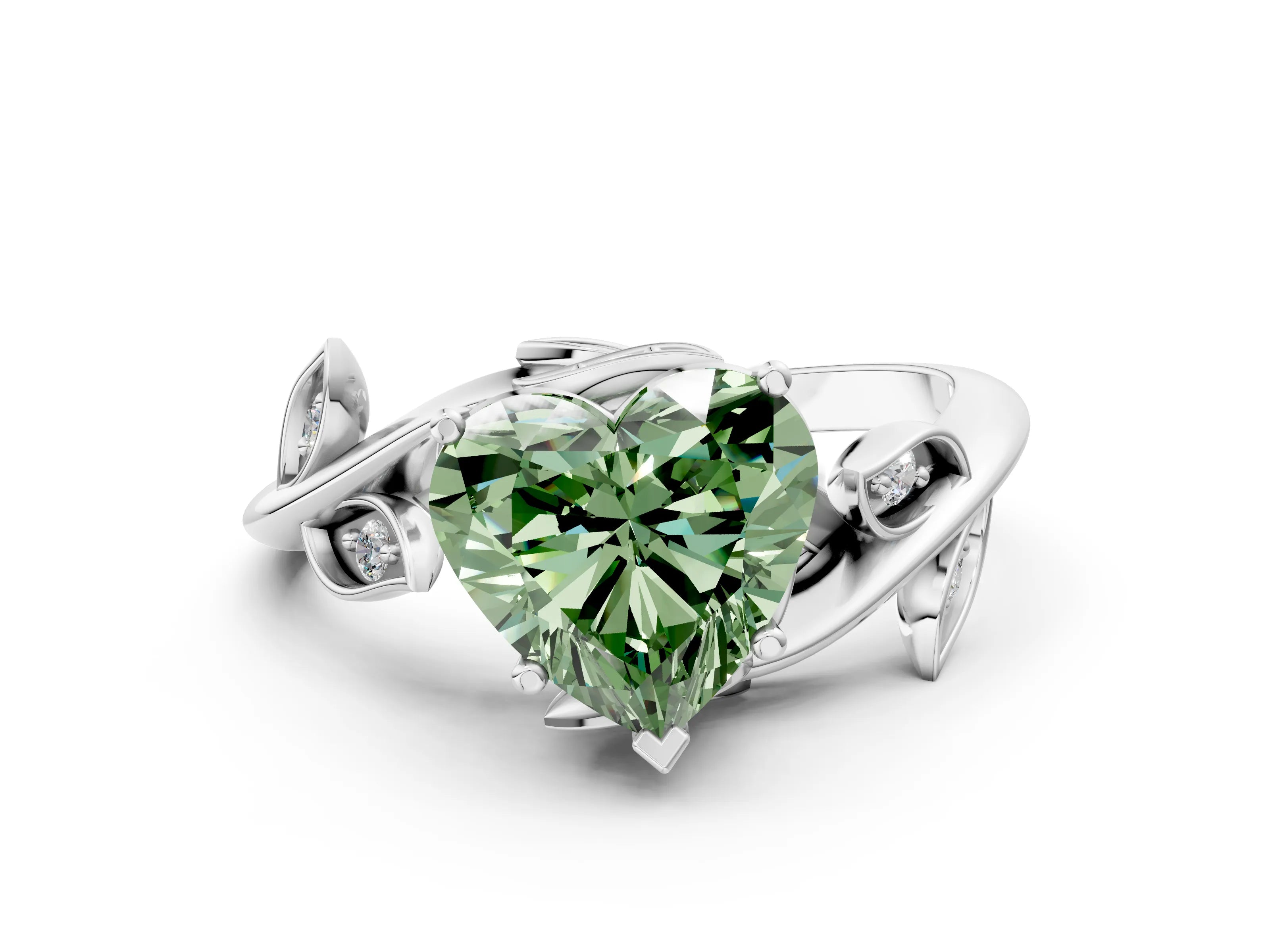 White gold Fancy Green Heart Cut Solitaire Twist Engagement Ring with Leaf Accents and Prong Setting_12