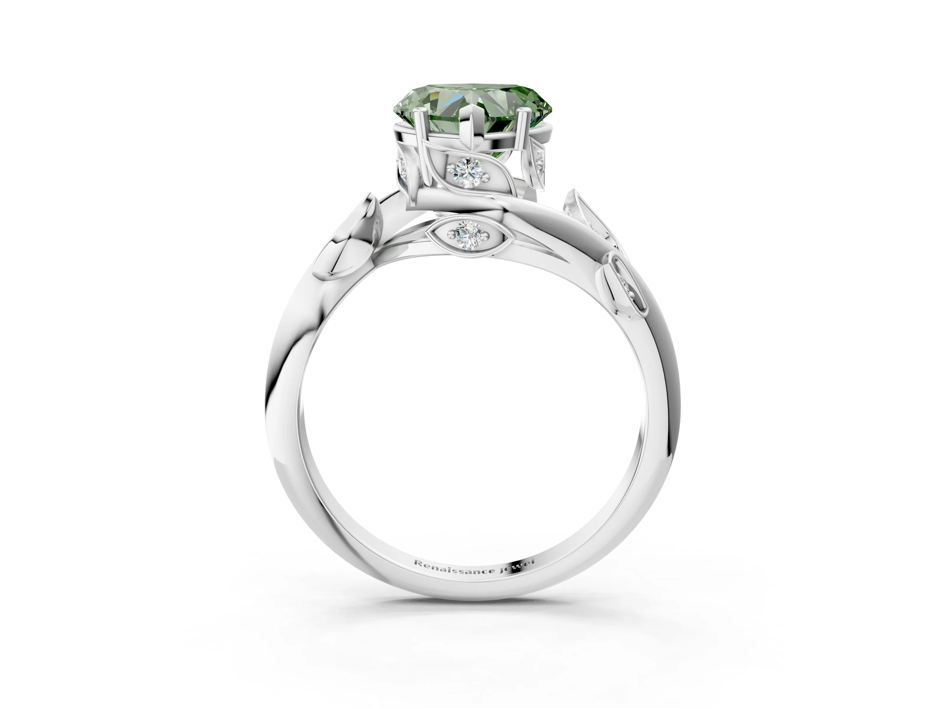 White gold Fancy Green Heart Cut Solitaire Twist Engagement Ring with Leaf Accents and Prong Setting_15