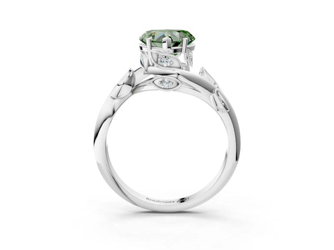 White gold Fancy Green Heart Cut Solitaire Twist Engagement Ring with Leaf Accents and Prong Setting_15