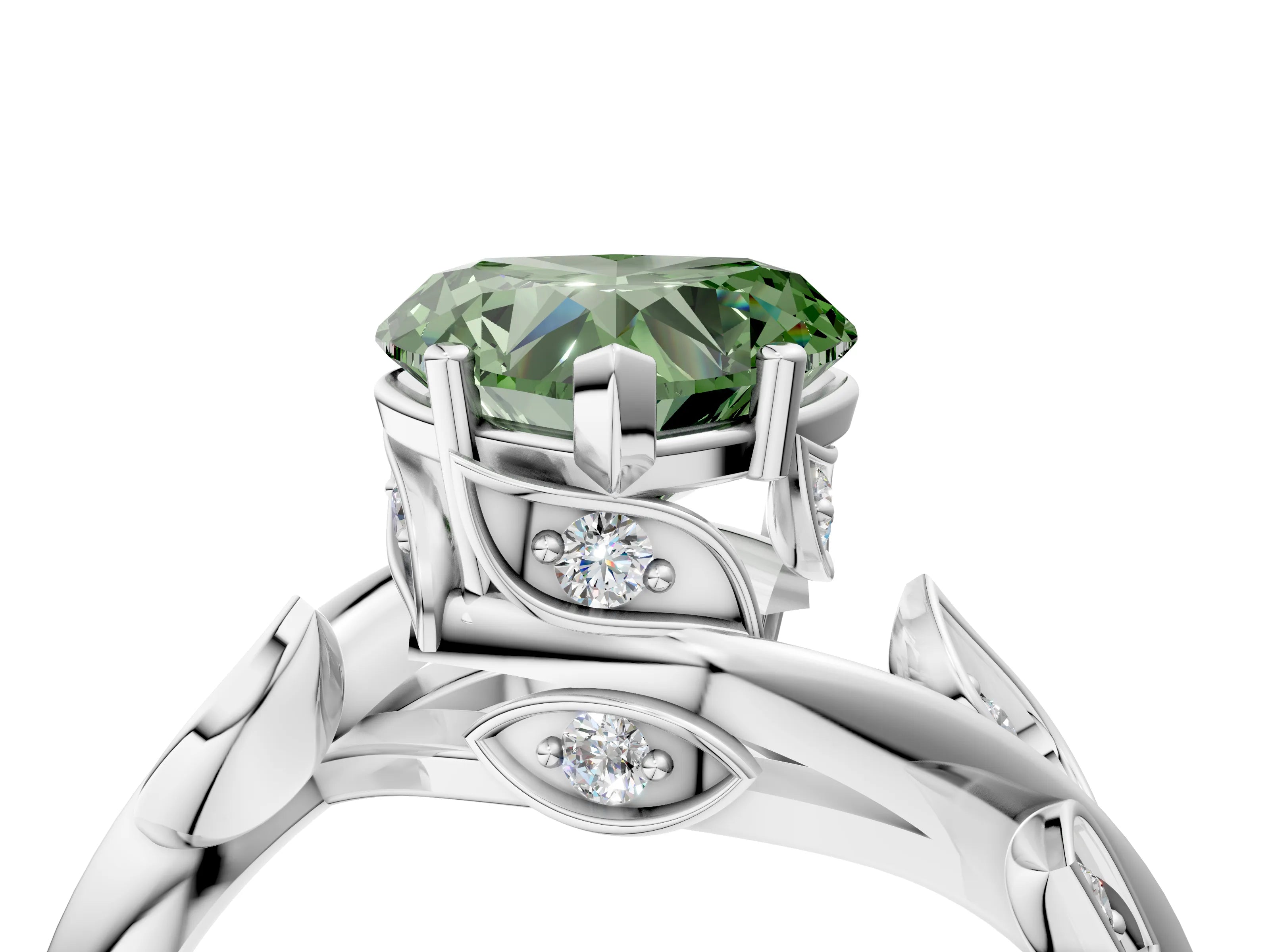White gold Fancy Green Heart Cut Solitaire Twist Engagement Ring with Leaf Accents and Prong Setting_16