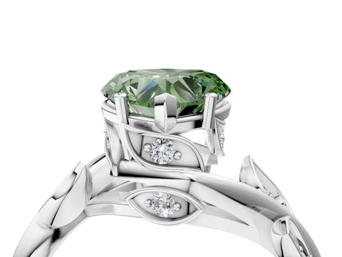 White gold Fancy Green Heart Cut Solitaire Twist Engagement Ring with Leaf Accents and Prong Setting_16