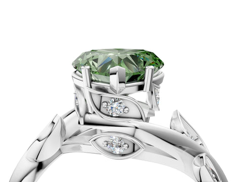 White gold Fancy Green Heart Cut Solitaire Twist Engagement Ring with Leaf Accents and Prong Setting_16