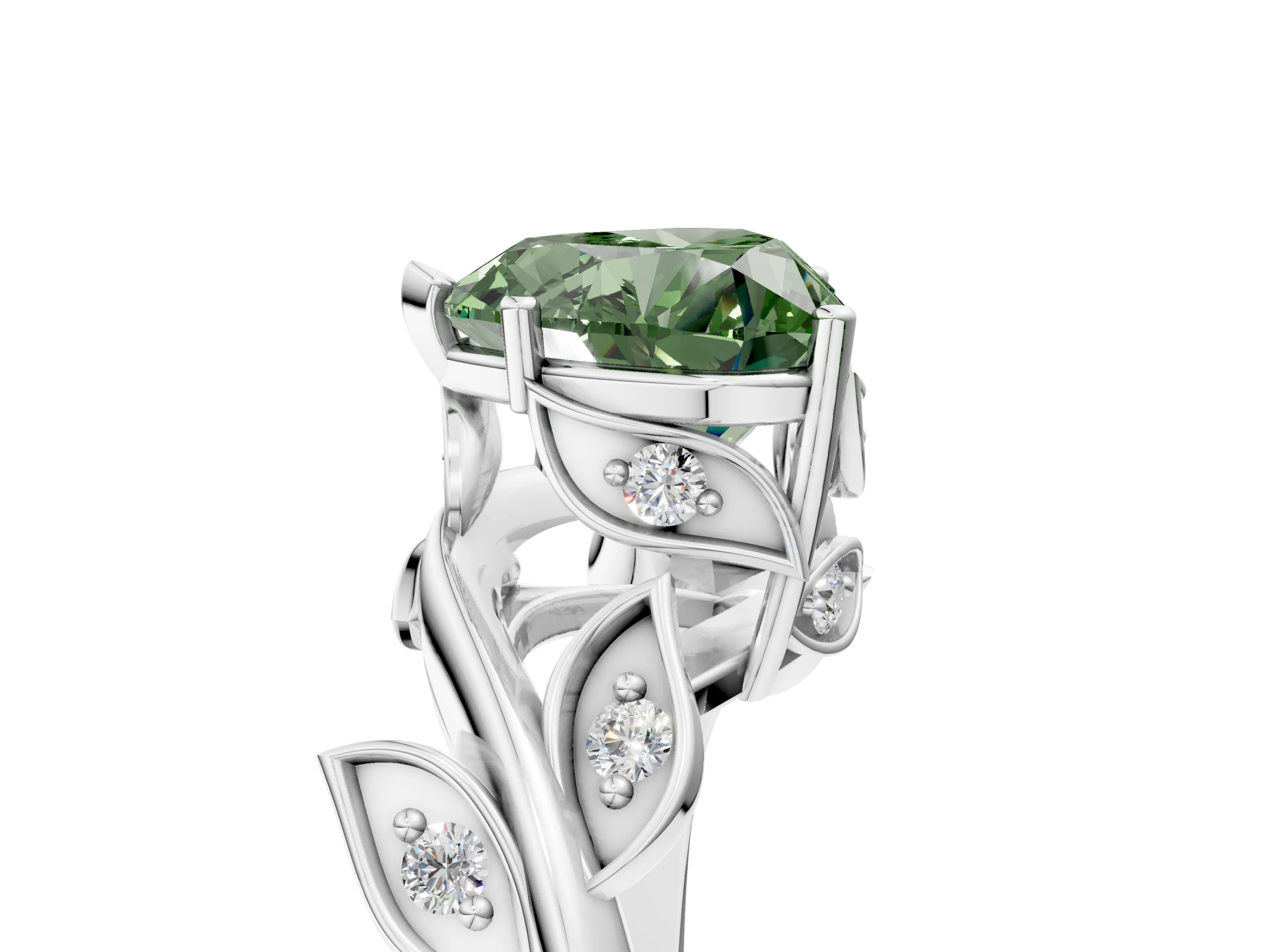 White gold Fancy Green Heart Cut Solitaire Twist Engagement Ring with Leaf Accents and Prong Setting_17