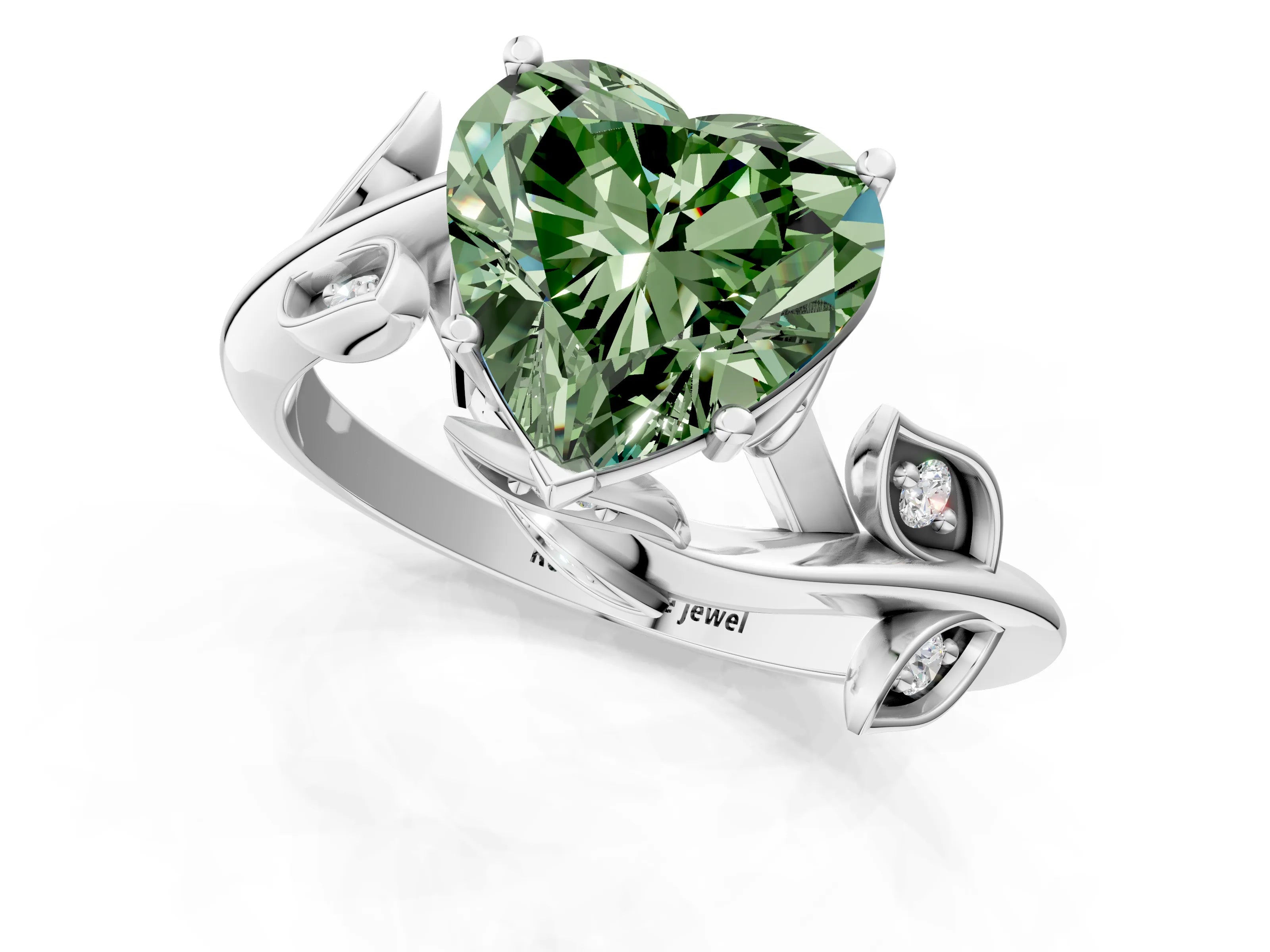 White gold Fancy Green Heart Cut Solitaire Twist Engagement Ring with Leaf Accents and Prong Setting_1