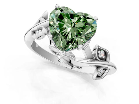 White gold Fancy Green Heart Cut Solitaire Twist Engagement Ring with Leaf Accents and Prong Setting_1