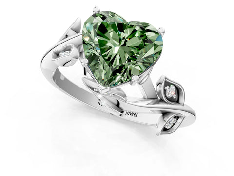 White gold Fancy Green Heart Cut Solitaire Twist Engagement Ring with Leaf Accents and Prong Setting_1