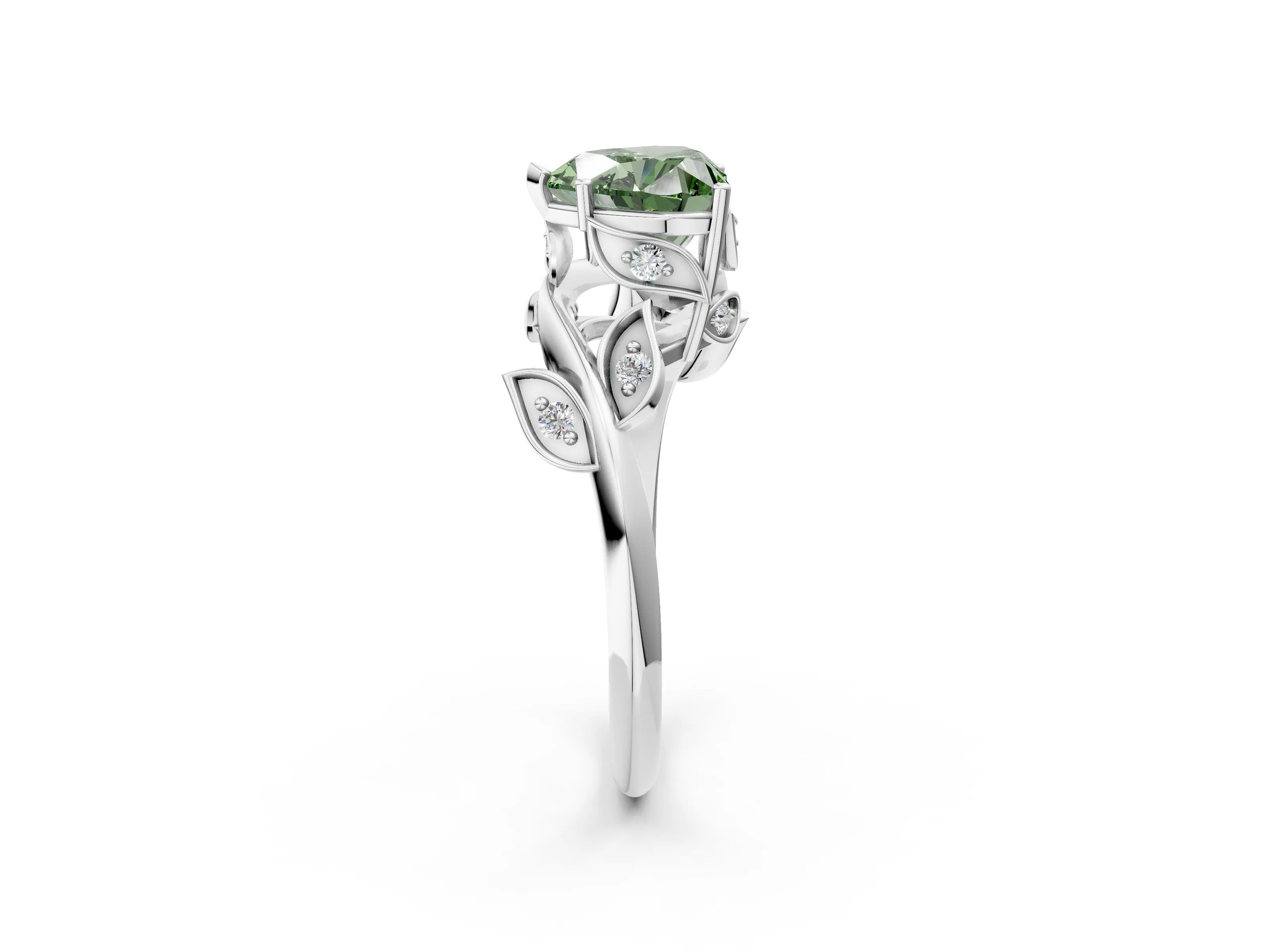White gold Fancy Green Heart Cut Solitaire Twist Engagement Ring with Leaf Accents and Prong Setting_2