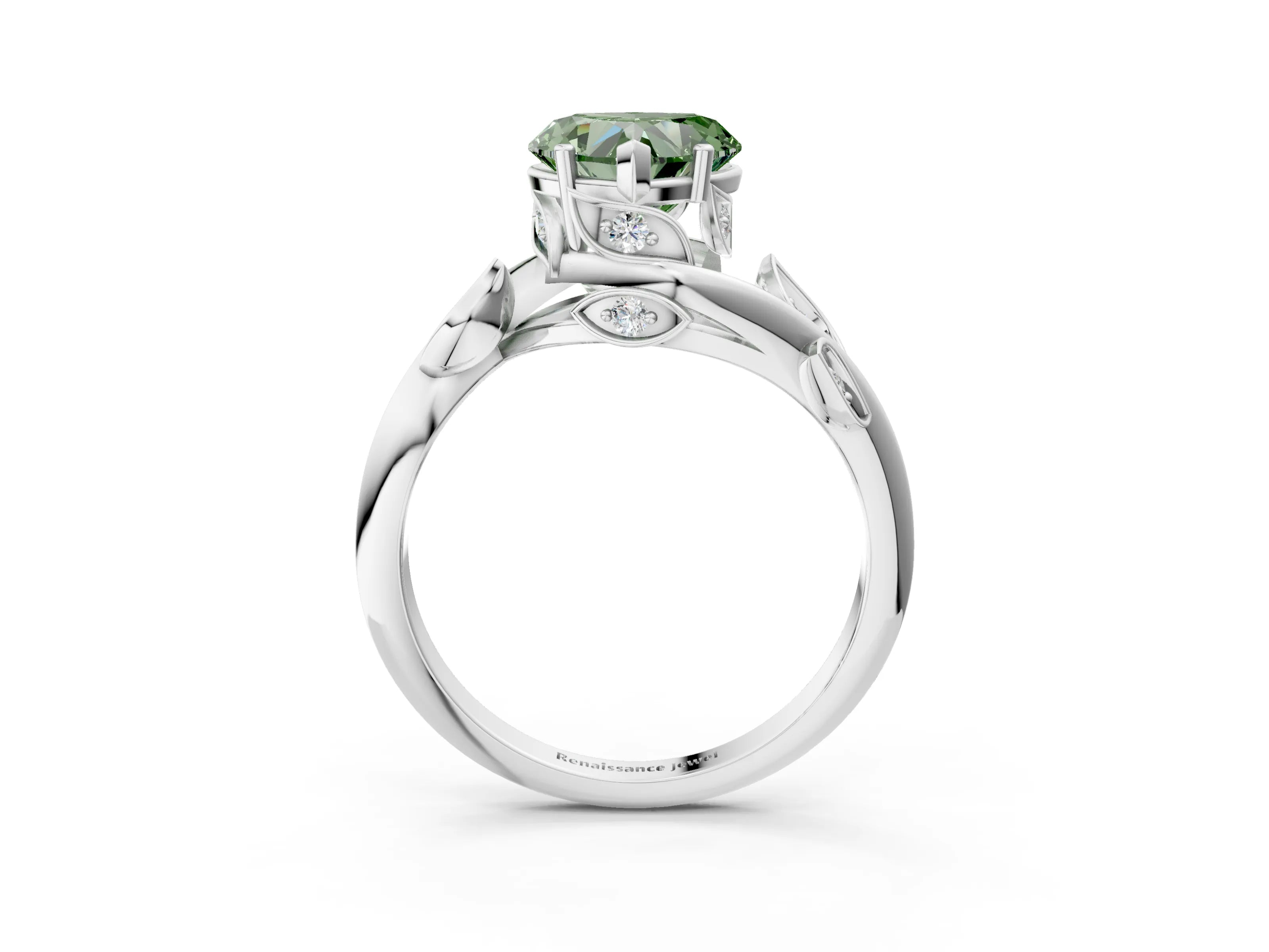 White gold Fancy Green Heart Cut Solitaire Twist Engagement Ring with Leaf Accents and Prong Setting_3
