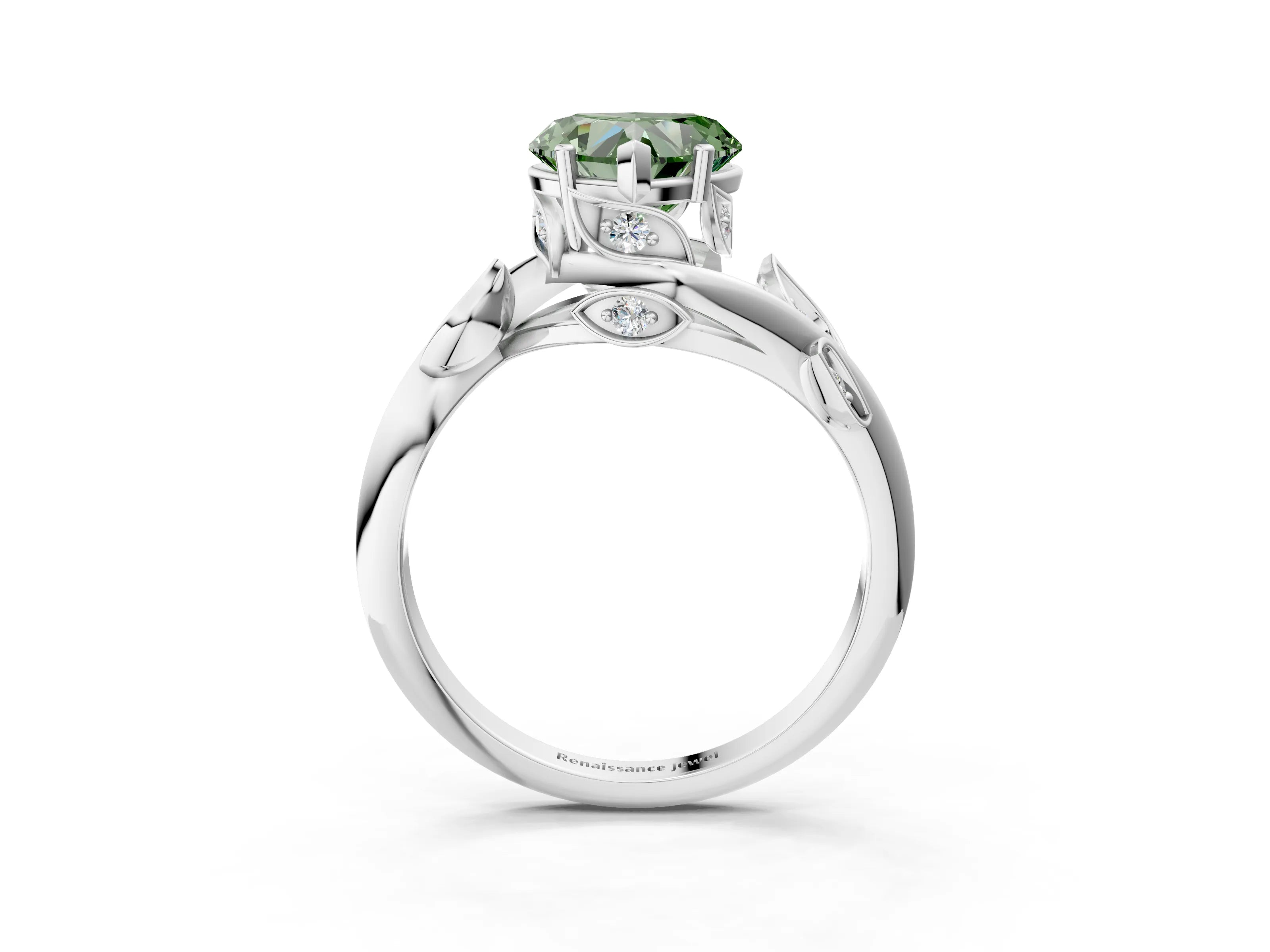 White gold Fancy Green Heart Cut Solitaire Twist Engagement Ring with Leaf Accents and Prong Setting_3