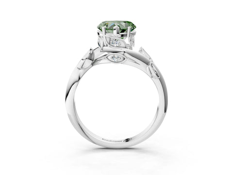 White gold Fancy Green Heart Cut Solitaire Twist Engagement Ring with Leaf Accents and Prong Setting_3