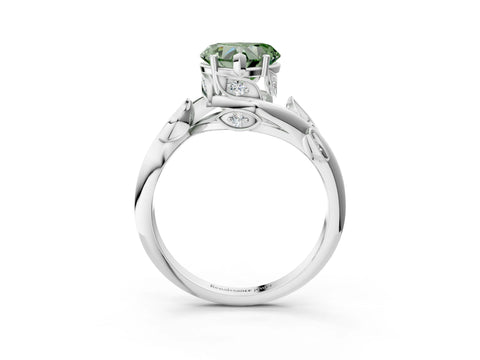 White gold Fancy Green Heart Cut Solitaire Twist Engagement Ring with Leaf Accents and Prong Setting_3