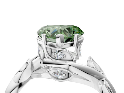 White gold Fancy Green Heart Cut Solitaire Twist Engagement Ring with Leaf Accents and Prong Setting_4