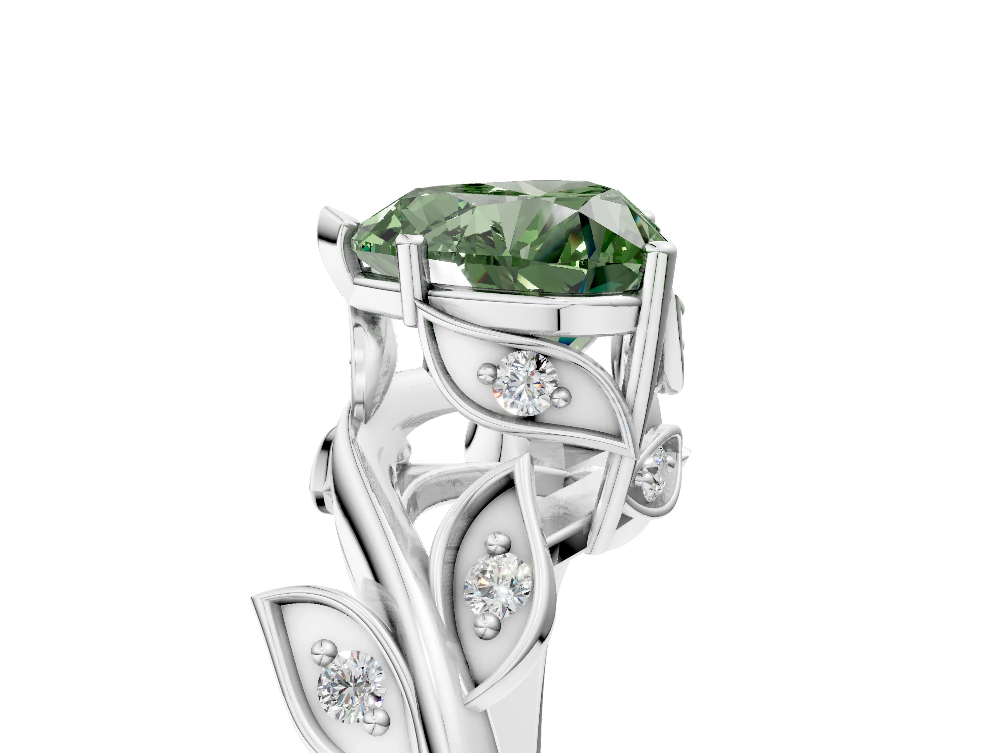 White gold Fancy Green Heart Cut Solitaire Twist Engagement Ring with Leaf Accents and Prong Setting_5