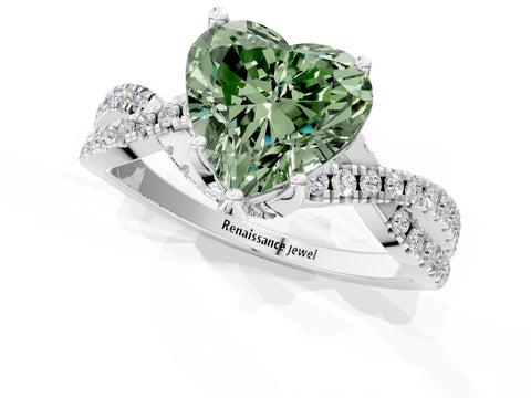 White gold Fancy Green Heart Cut Solitaire Twist Pave Diamond Engagement Ring with Prong Setting_1