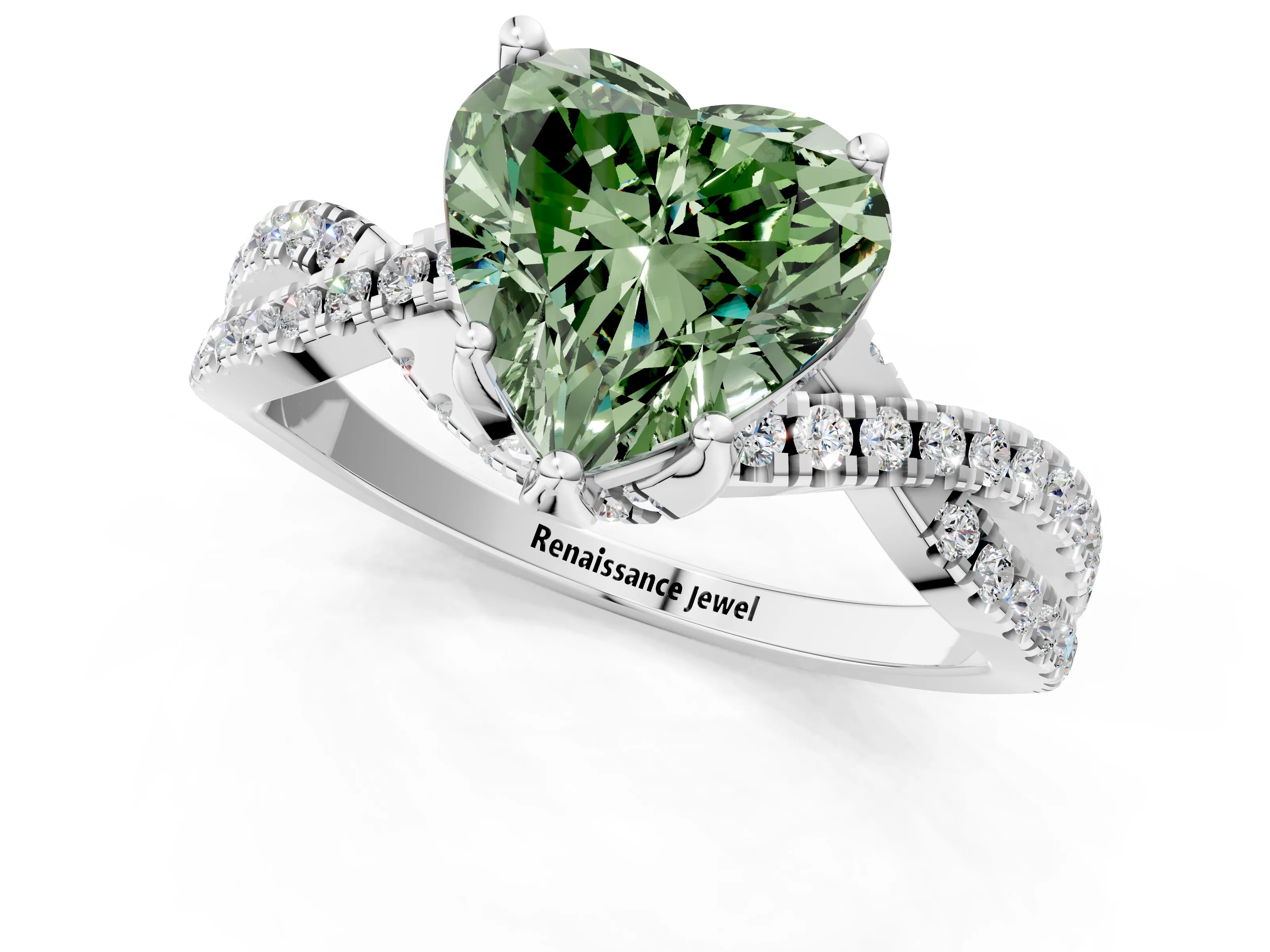 White gold Fancy Green Heart Cut Solitaire Twist Pave Diamond Engagement Ring with Prong Setting_1