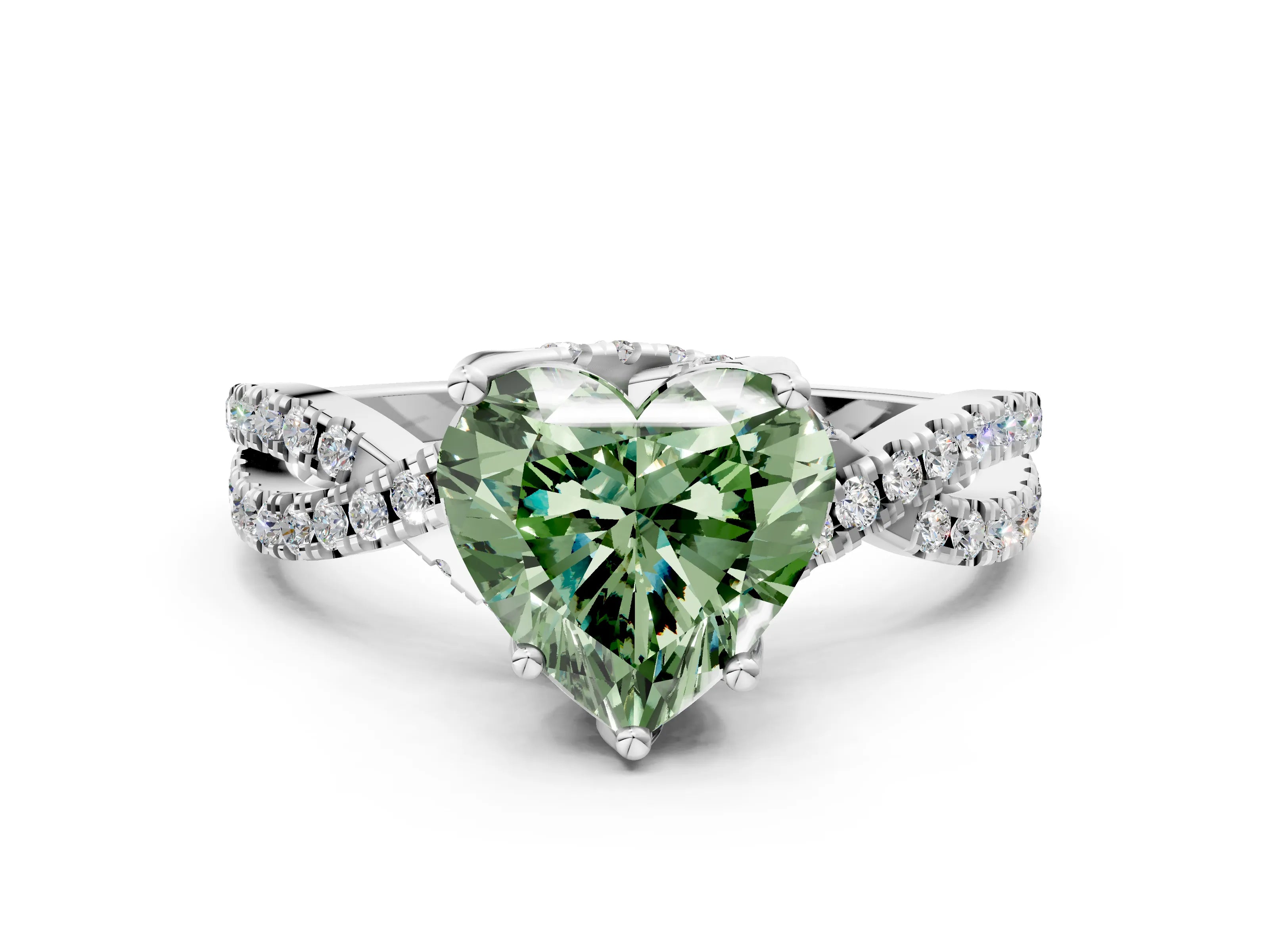 White gold Fancy Green Heart Cut Solitaire Twist Pave Diamond Engagement Ring with Prong Setting_24