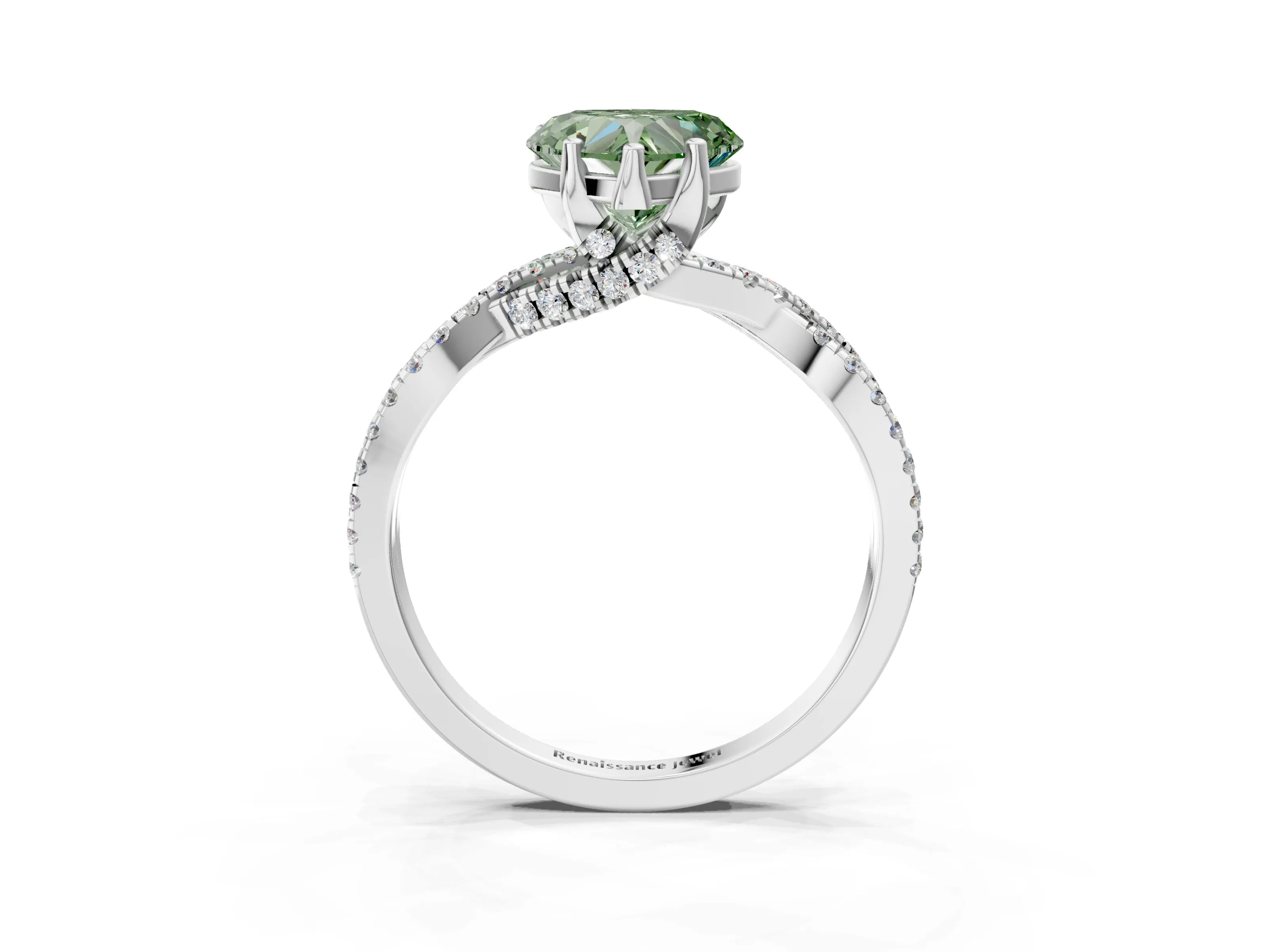 White gold Fancy Green Heart Cut Solitaire Twist Pave Diamond Engagement Ring with Prong Setting_3