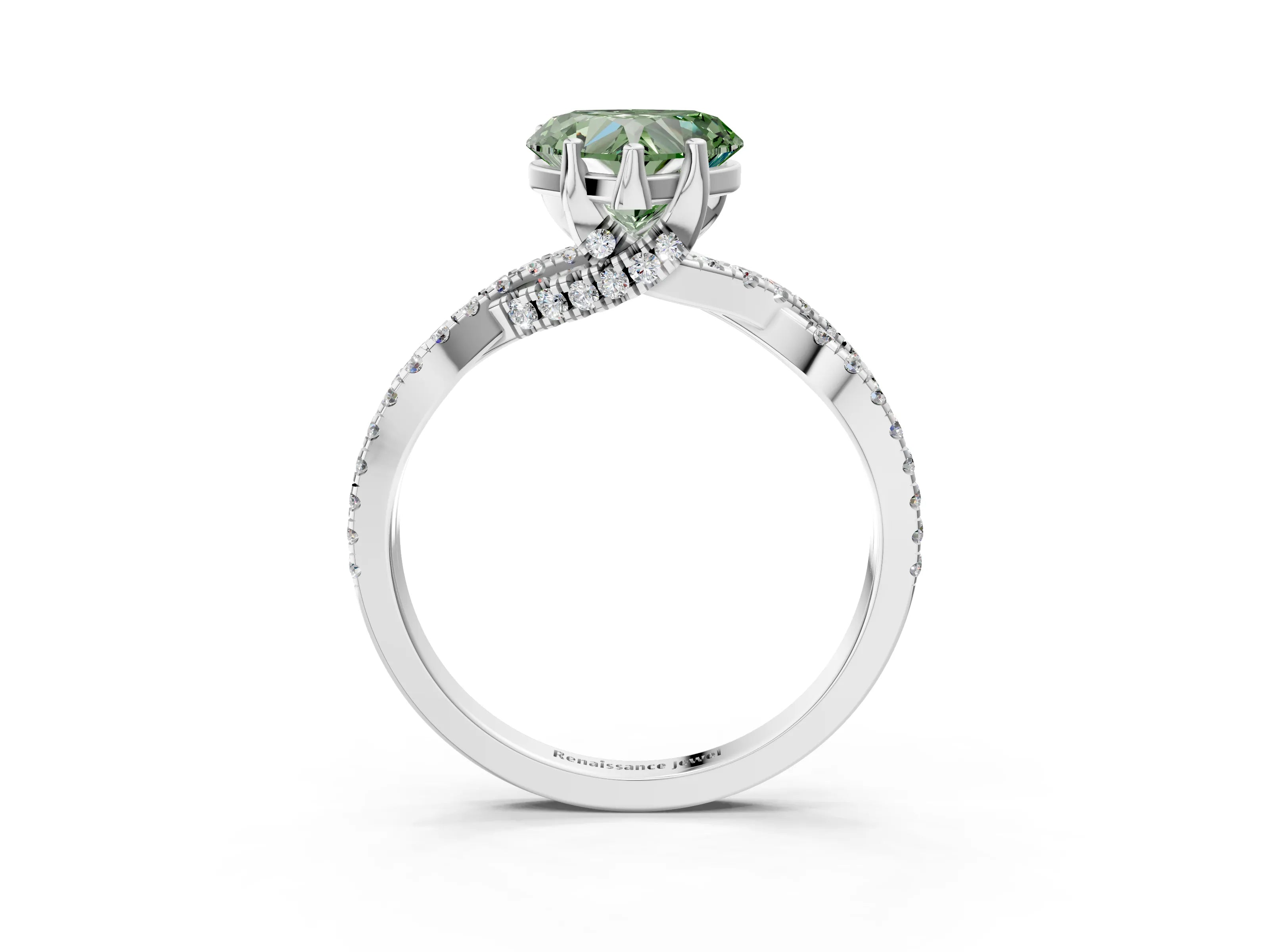 White gold Fancy Green Heart Cut Solitaire Twist Pave Diamond Engagement Ring with Prong Setting_3