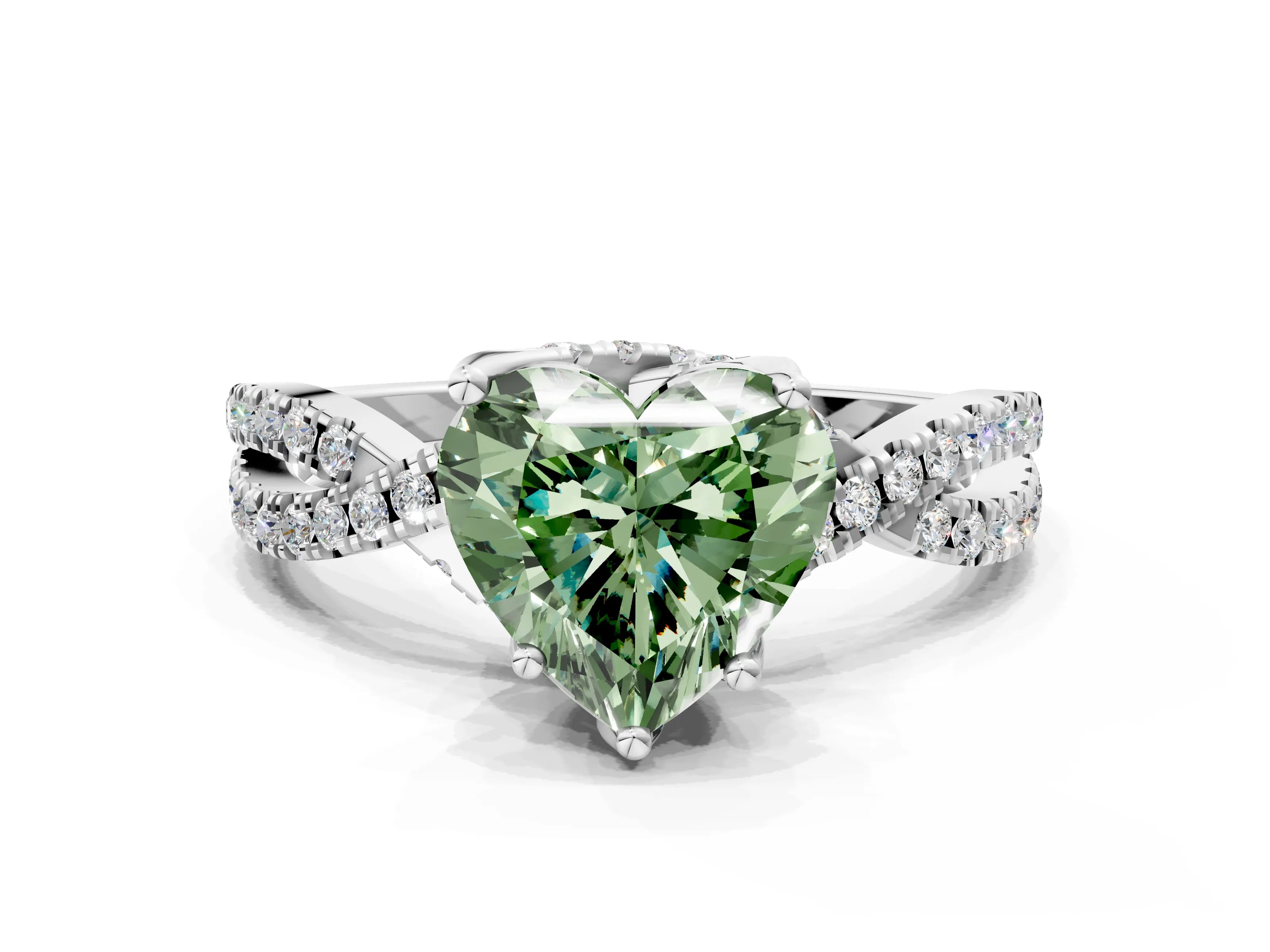 White gold Fancy Green Heart Cut Solitaire Twist Pave Diamond Engagement Ring with Prong Setting