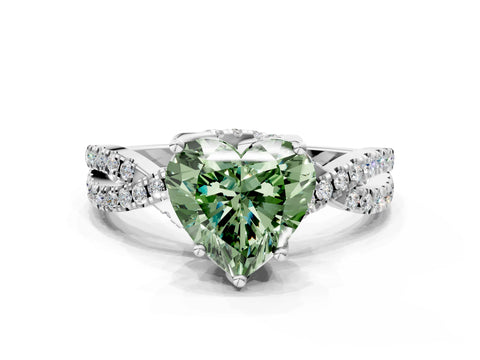White gold Fancy Green Heart Cut Solitaire Twist Pave Diamond Engagement Ring with Prong Setting