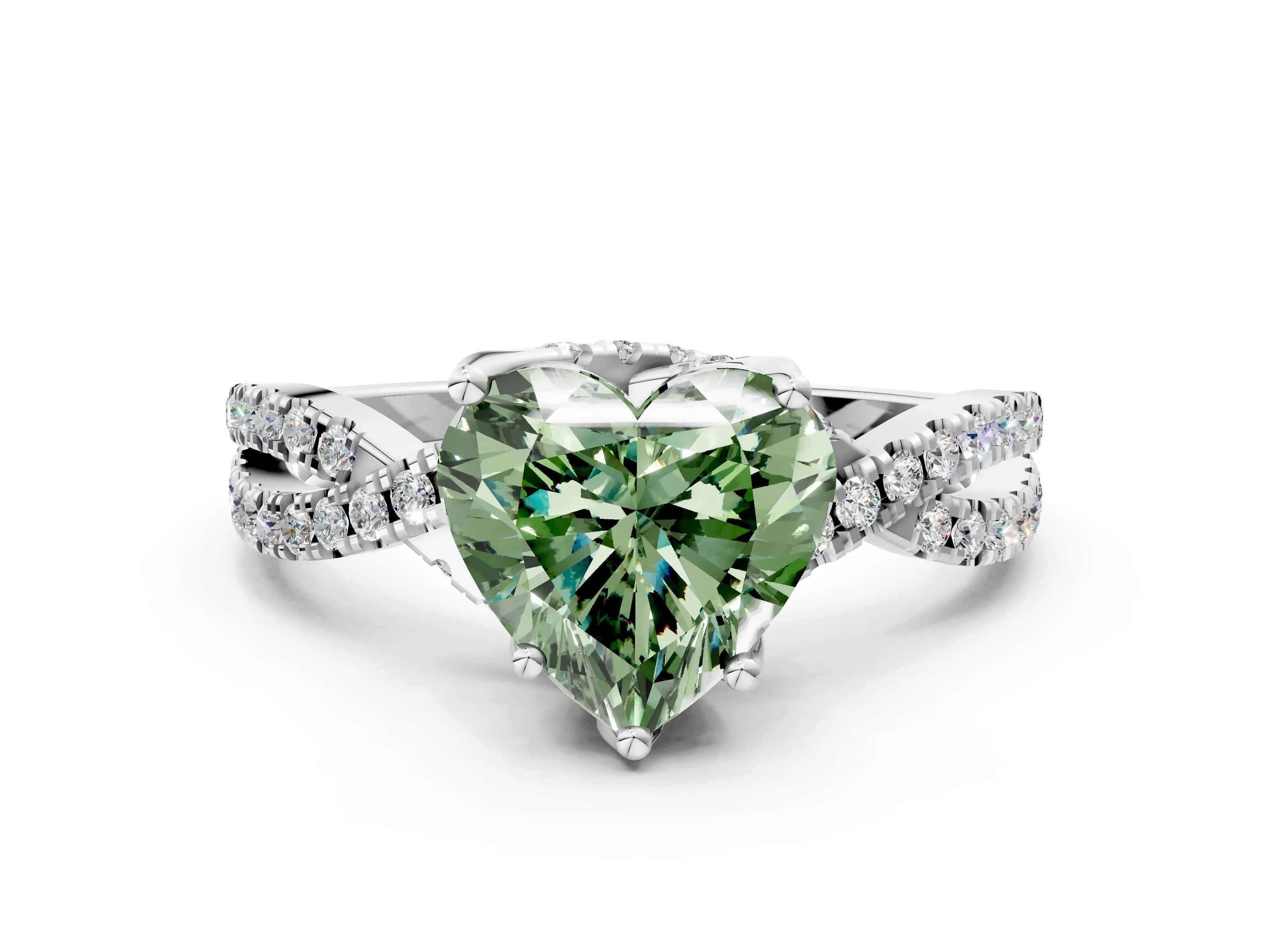 White gold Fancy Green Heart Cut Solitaire Twist Pave Diamond Engagement Ring with Prong Setting