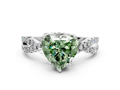 White gold Fancy Green Heart Cut Solitaire Twist Pave Diamond Engagement Ring with Prong Setting