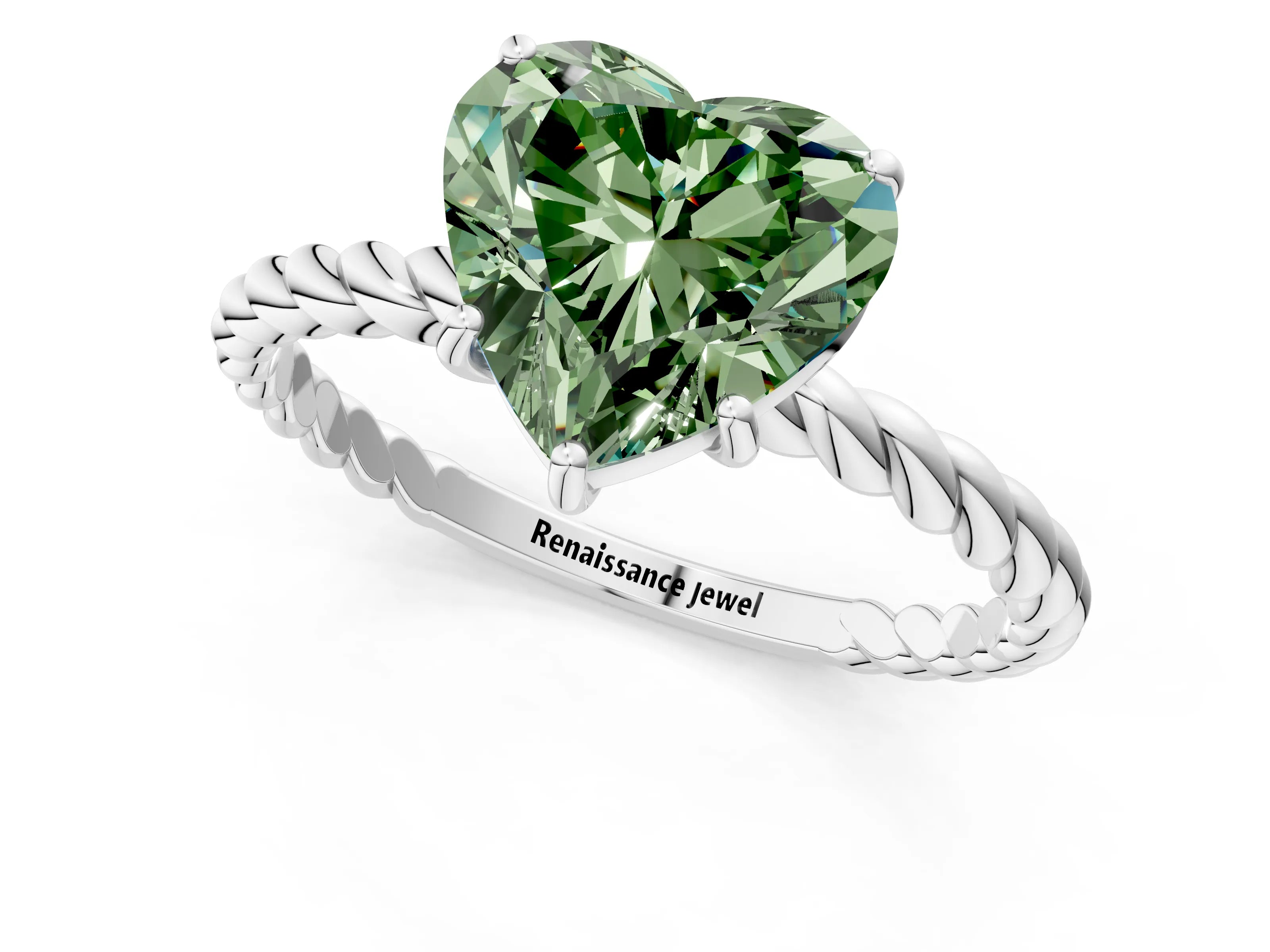 White gold Fancy Green Heart Cut Solitaire Twisted Band 4-Prong Ring_25