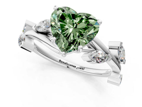 White gold Fancy Green Heart Cut Solitaire Twisted Band Marquise Accent Prong Setting Ring_1