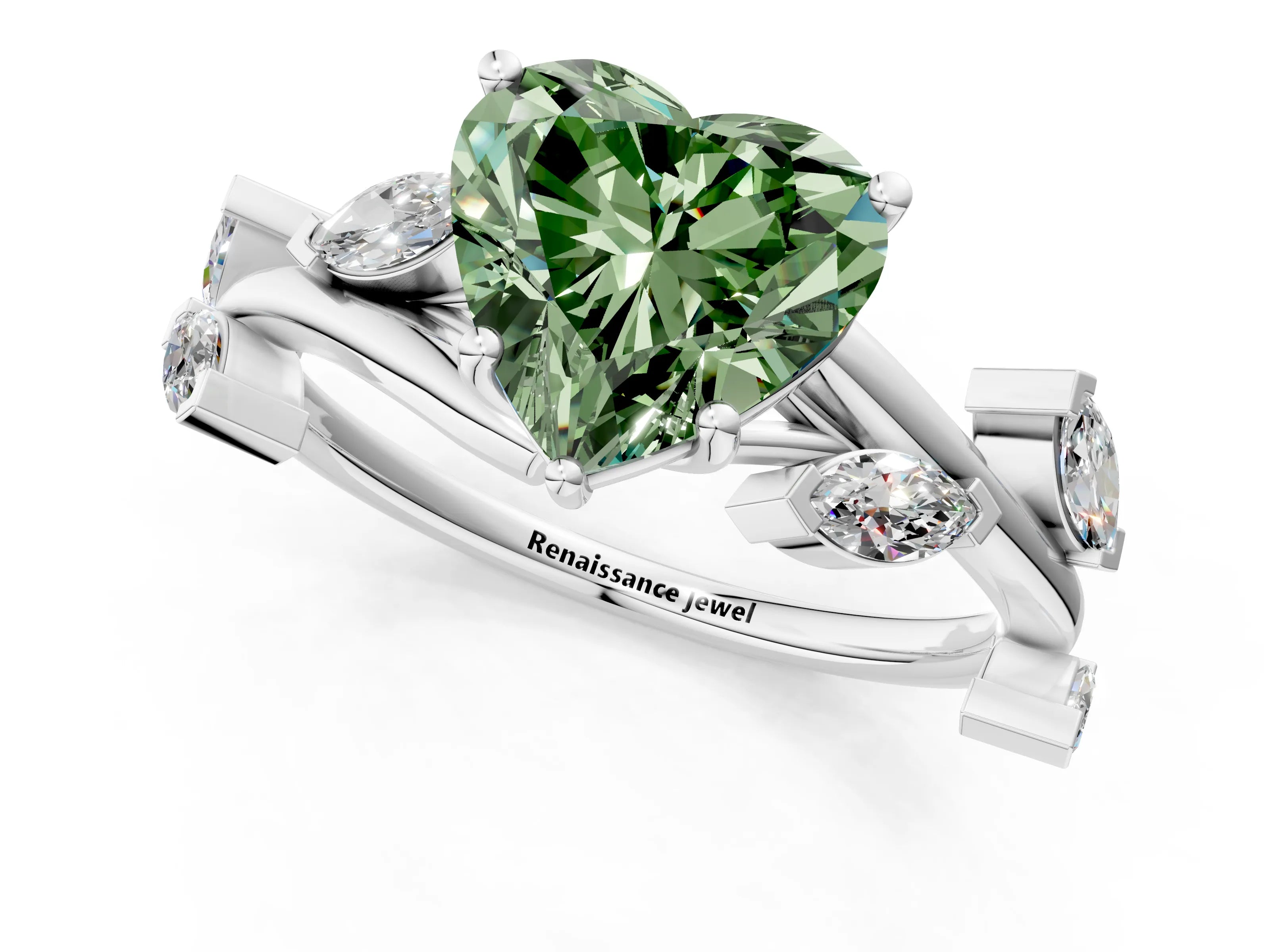 White gold Fancy Green Heart Cut Solitaire Twisted Band Marquise Accent Prong Setting Ring_1