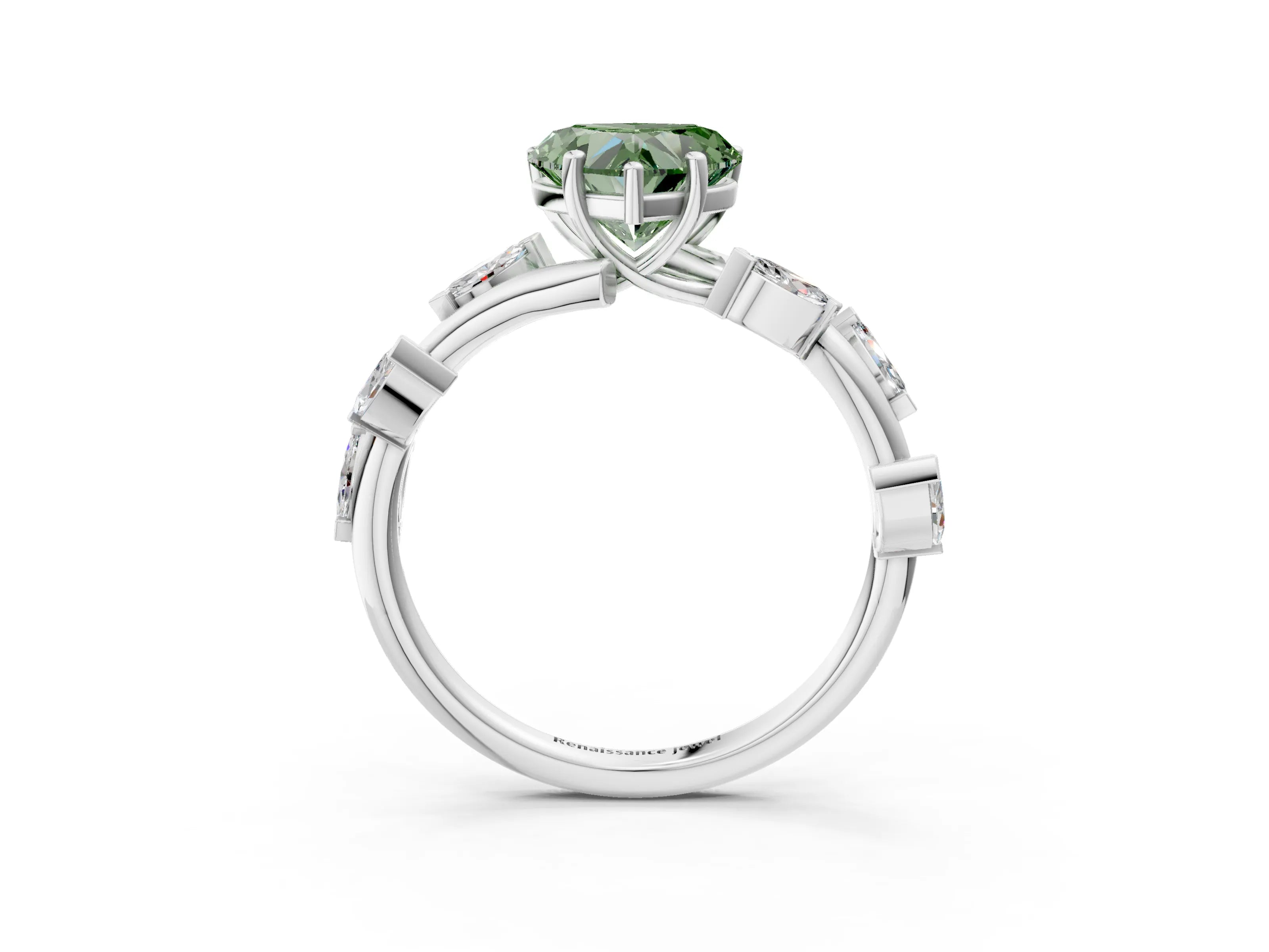 White gold Fancy Green Heart Cut Solitaire Twisted Band Marquise Accent Prong Setting Ring_3