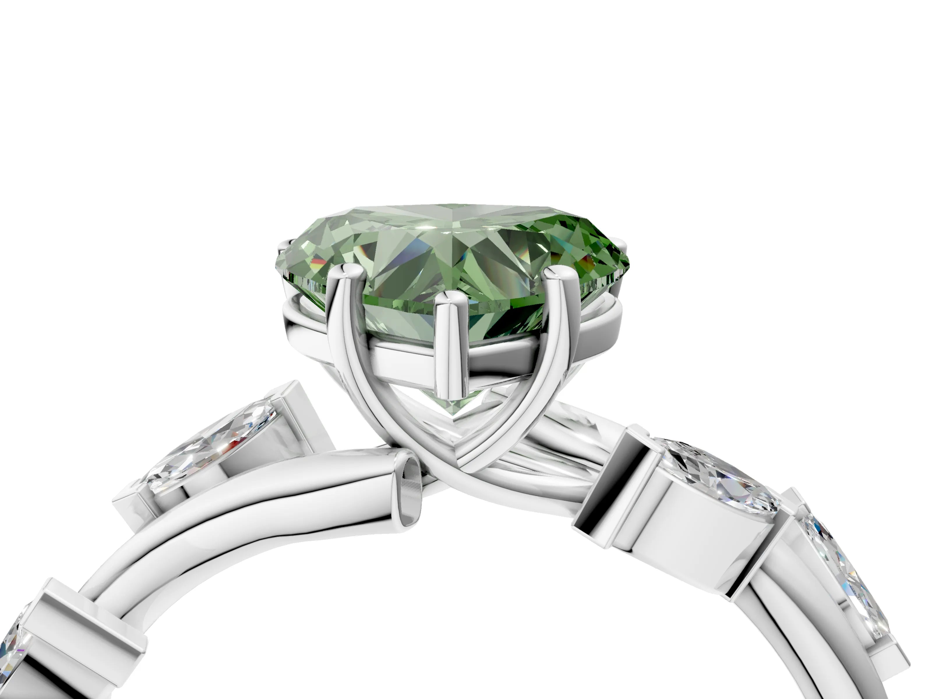 White gold Fancy Green Heart Cut Solitaire Twisted Band Marquise Accent Prong Setting Ring_4