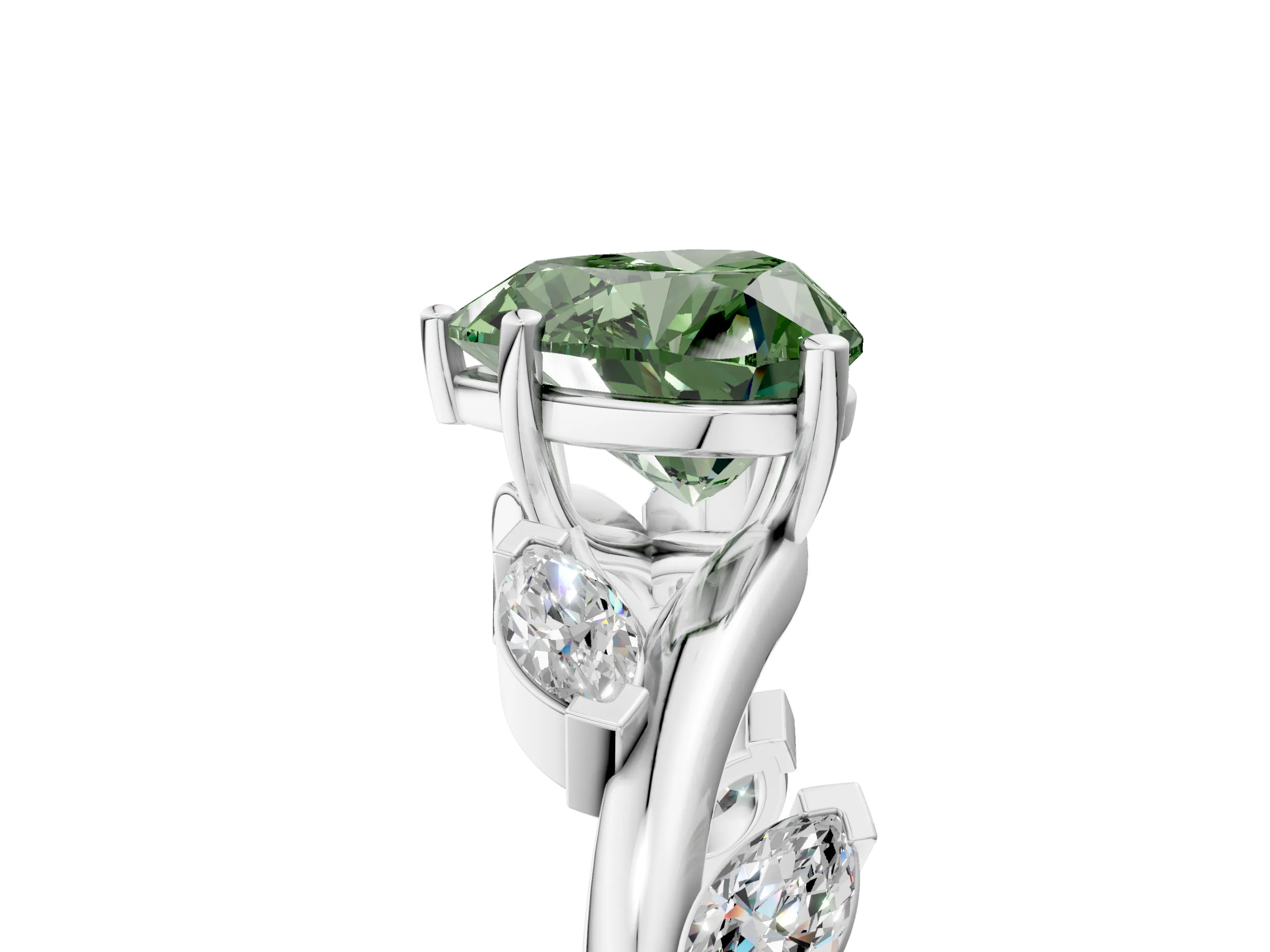 White gold Fancy Green Heart Cut Solitaire Twisted Band Marquise Accent Prong Setting Ring_5