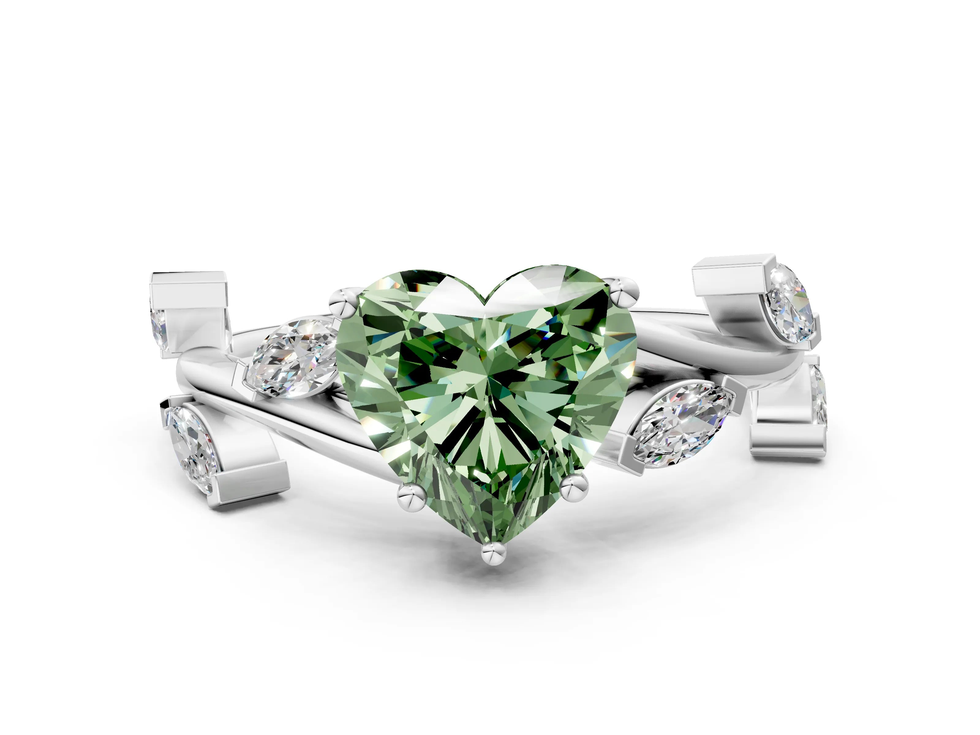 White gold Fancy Green Heart Cut Solitaire Twisted Band Marquise Accent Prong Setting Ring
