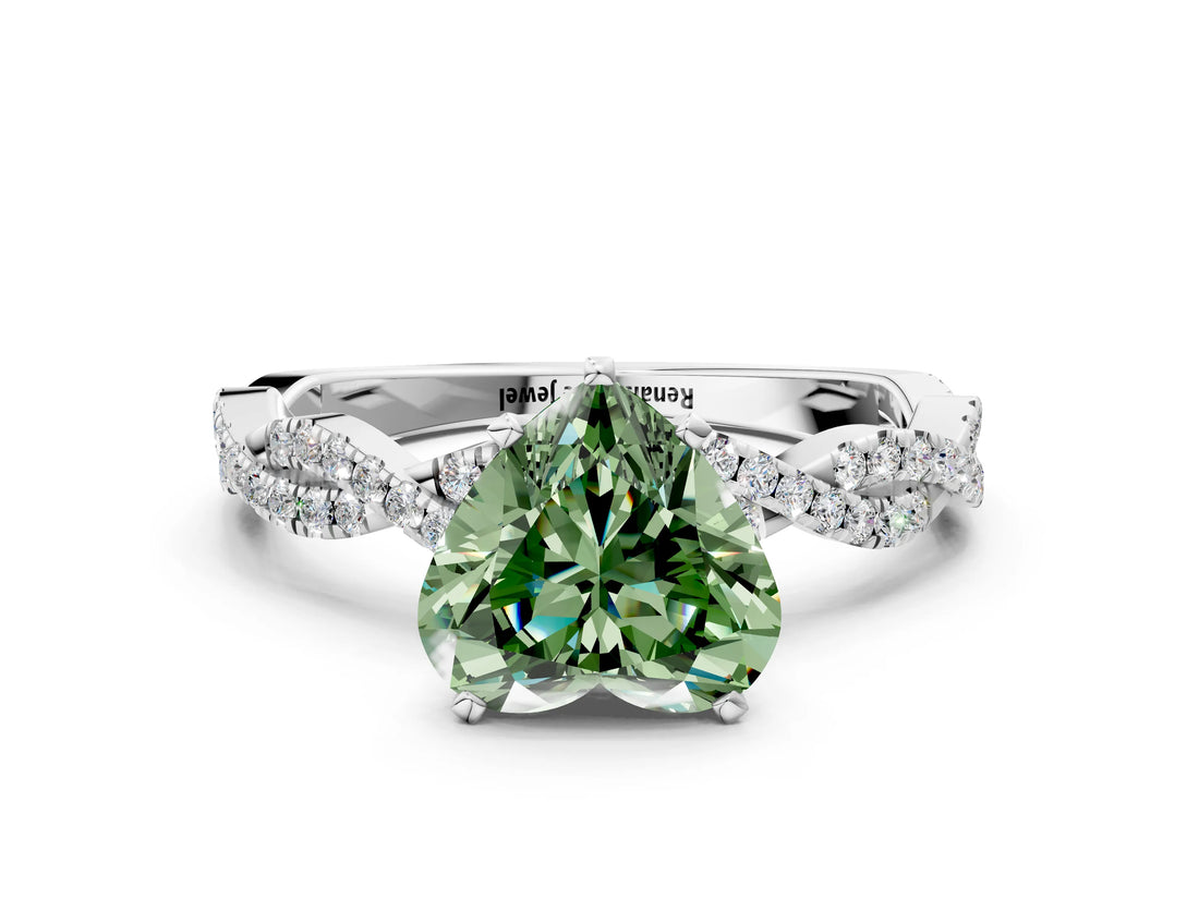 White gold Fancy Green Heart Cut Solitaire Twisted Pave Band with Four-Prong Setting_15