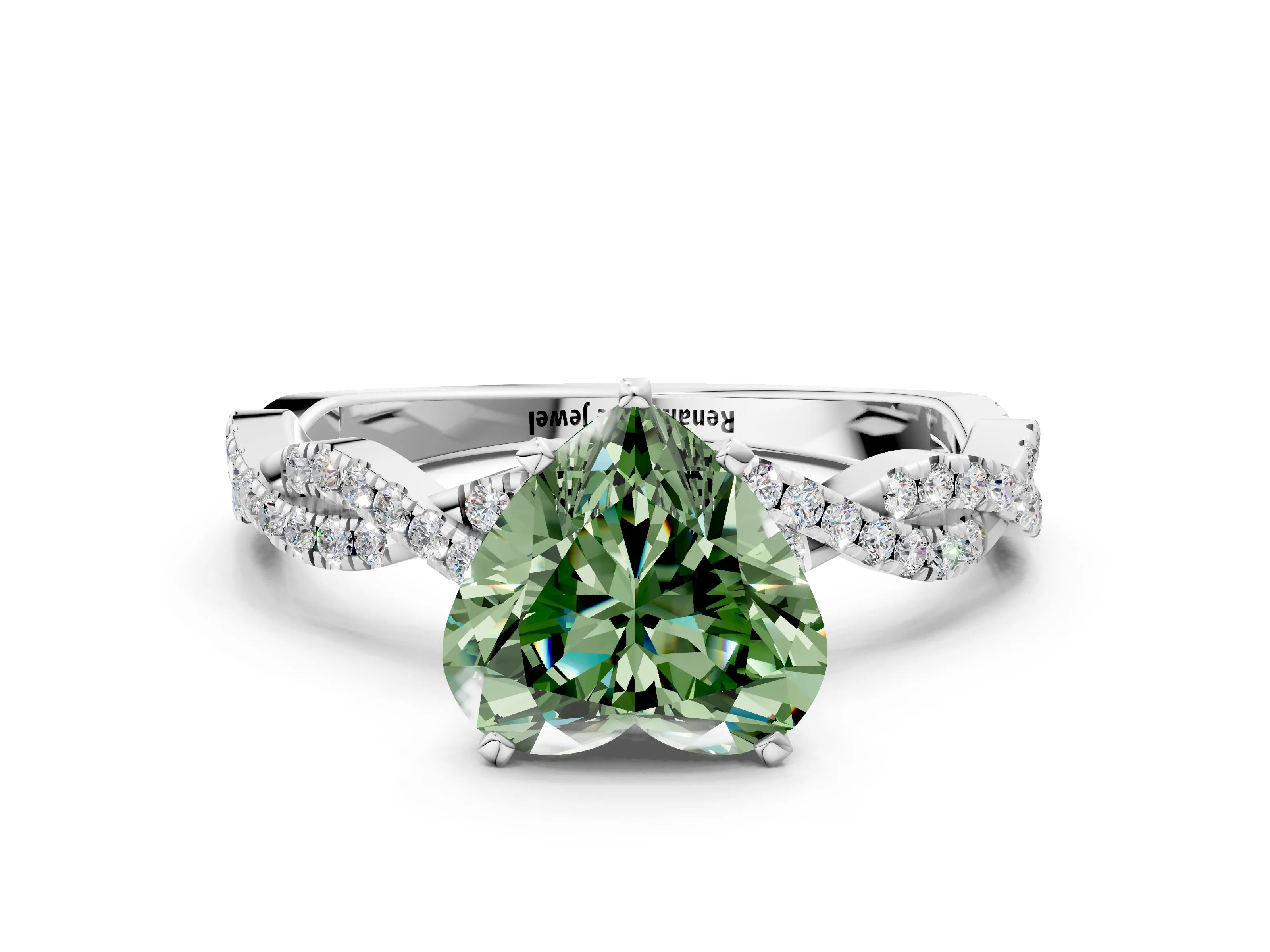 White gold Fancy Green Heart Cut Solitaire Twisted Pave Band with Four-Prong Setting_15