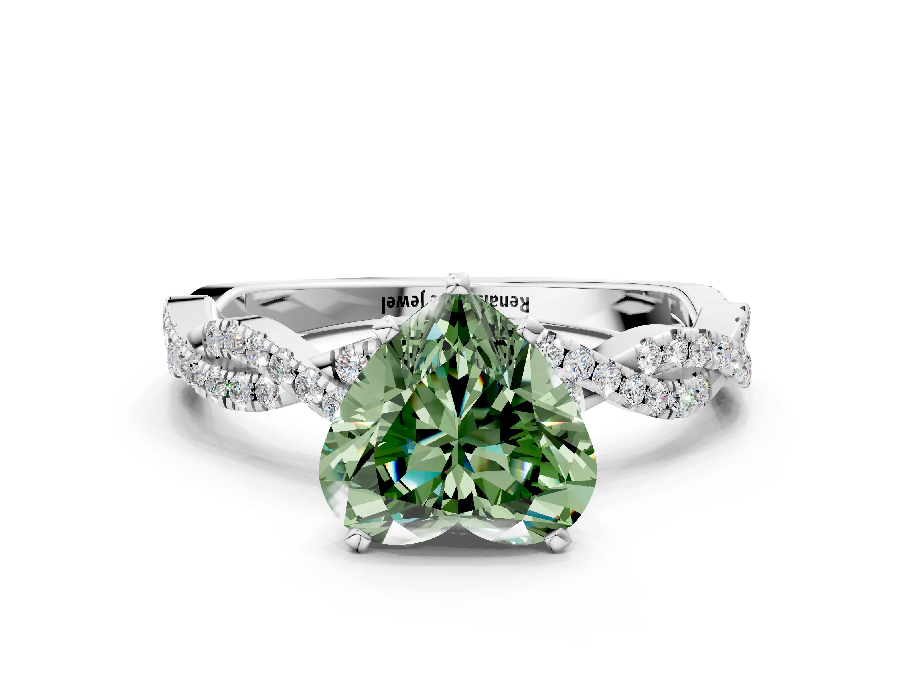 White gold Fancy Green Heart Cut Solitaire Twisted Pave Band with Four-Prong Setting_3